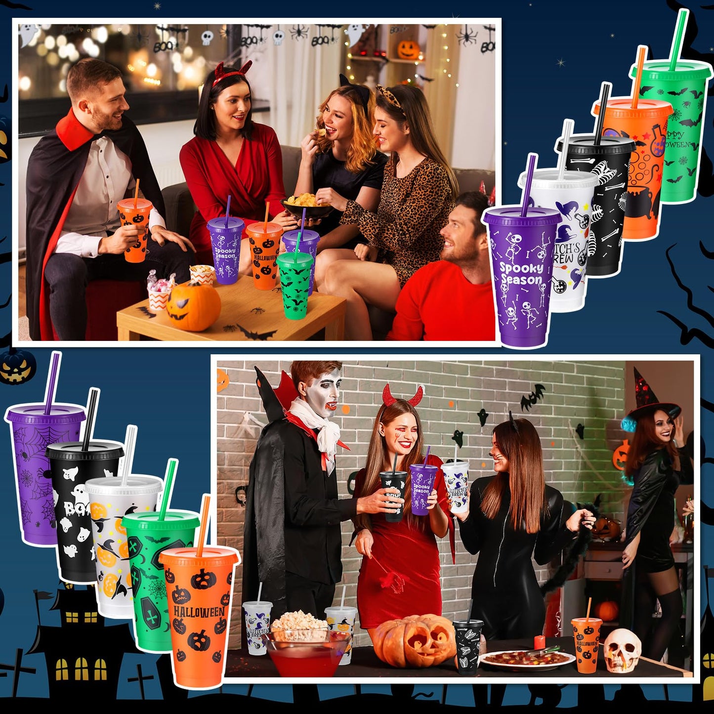 Chuangdi 30 Pack Halloween Plastic Tumbler with Lids and Straws Reusable Plastic Cups Spooky Cups Bulk for Kids Adults Halloween Party Birthday Supplies (24 oz,Ghost)