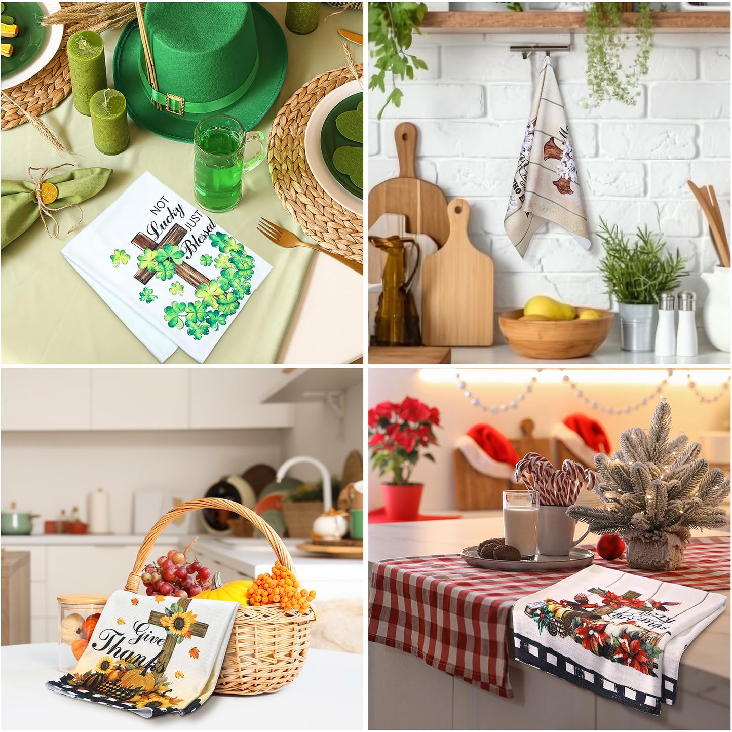 Mindsoft 12 Pcs Christian Seasonal Kitchen Towels 16 x 24 Inch Religious Cross Flower Dish Towels with Hanging Loop Christian Gifts for Women Men Absorbent Dishcloth for Oven Door Housewarming Decor