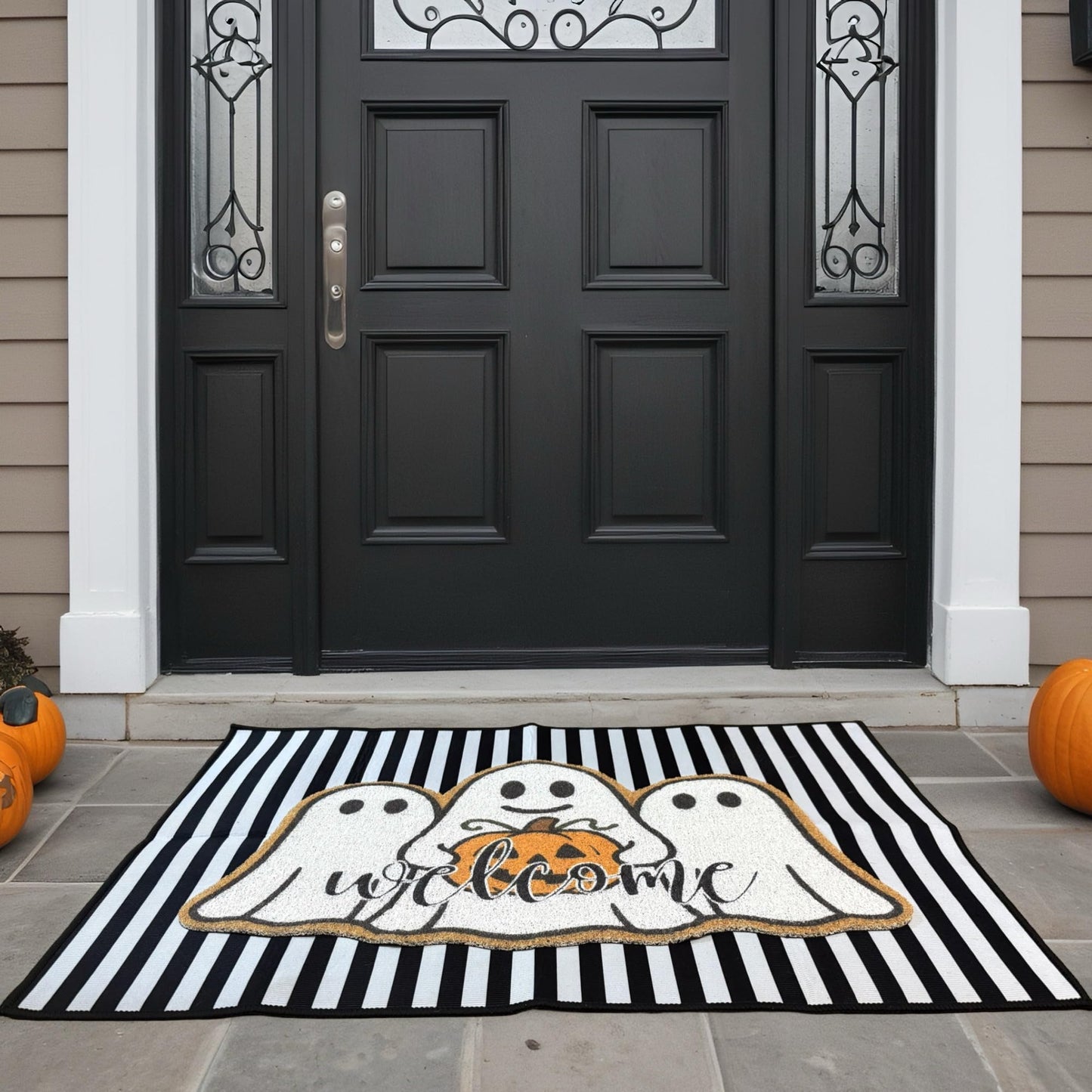 2 Pcs Halloween Welcome Door Mats, Ghost Outdoor Polypropylene Coir Mat with White Ghosts & Pumpkin, Black White Stripe Crystal Velvet Non-Slip Rug for Front Porch Entryway