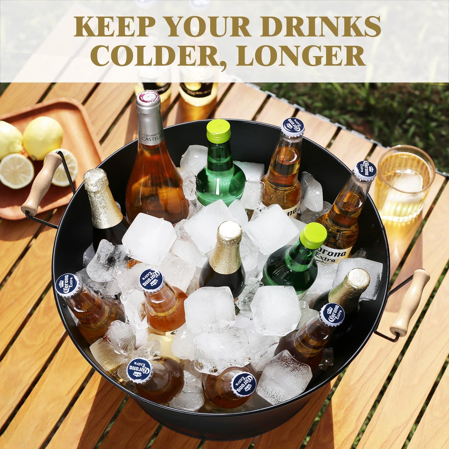 5.5 Gallon Large Beverage Tubs for Parties, 21L Ice Bucket with Wooden Handles for Beer, Wine, Cocktails & Outdoor Events -Black