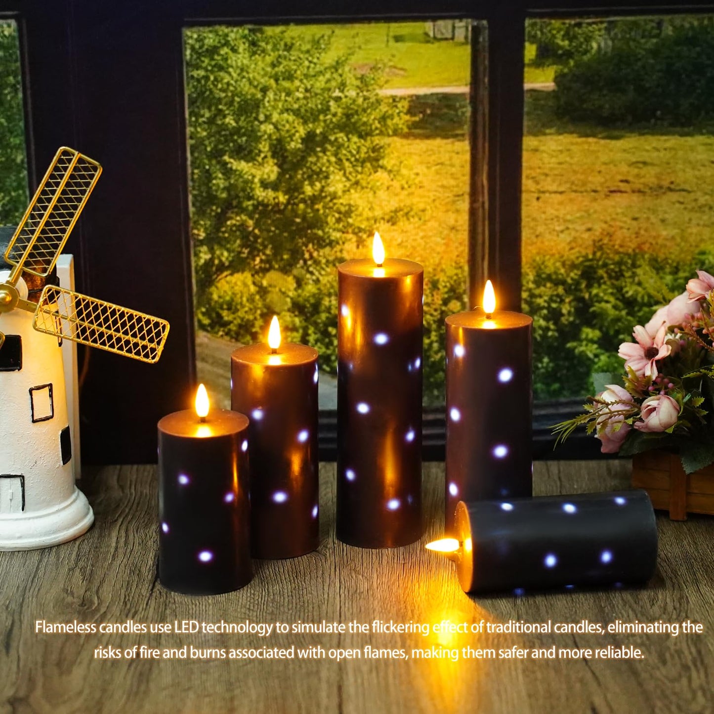 Nimiko Flickering Flameless Candles with Remote Control and Timer Set of 5 Pc Real Wax LED Pillar Candles, Battery Operated Candles(D2.2×H5/5.5"/6"/7"/8") Halloween Decorations Home Decor (Black)