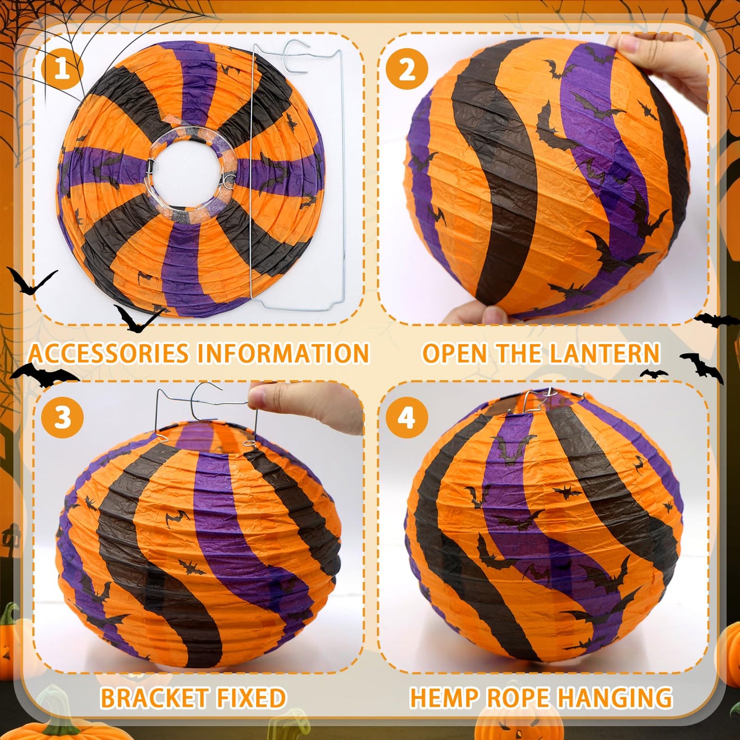ADLKGG Halloween Party Decorations, Black Orange Purple Hanging Spider Bat Pumpkin Skeleton Paper Lantern for Halloween Birthday Decorations, Trick-or-Treating Events, Wedding,Garden Home Decor, 12pcs