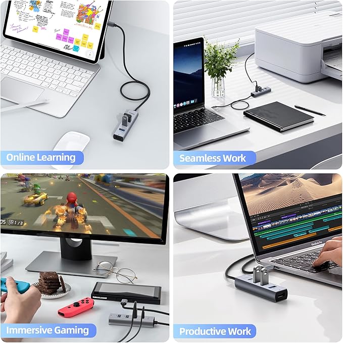 intpw USB C to USB A Hub Long Cable 4 Ports Type C Hub USB 3.0 5Gbps Aluminum Adapter Multiport USB C Hub for Laptop, Mac, iPad, PC (3.94FT(5in1,BC))