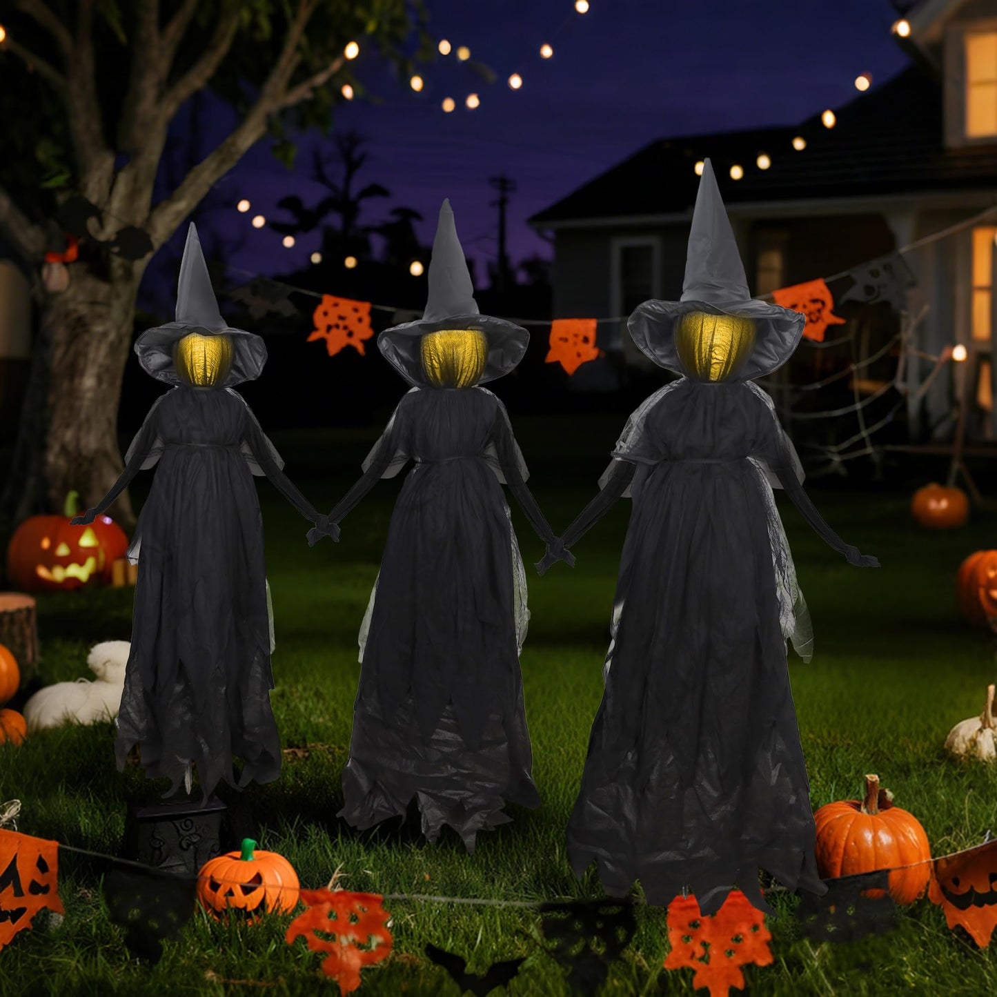 DR.DUDU Halloween Decorations Outdoor 4.6 FT Light Up Witch Stakes Set of 3
