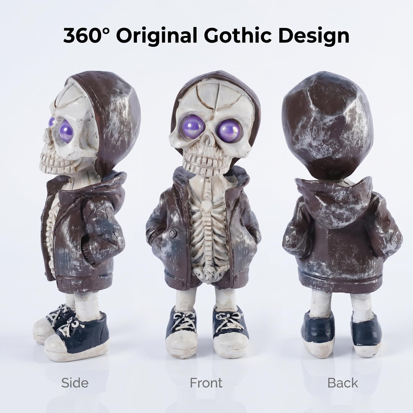 Brizoria Skeleton Decorations Skull Figurine in Hoodie with Purple Eyes Resin Gothic Tabletop Decor Small Skeleton Figure for Halloween Shelf Desk Skull Home Decor Display