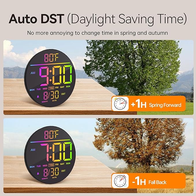 JALL 10" Large Digital Wall Clock with Remote, RGB Color, Big LED Display, Alarm Countdown Timer, DST, Temperature, Decor for Bedroom Living Room Gym Gaming Room, Easy to Read Clock for Seniors