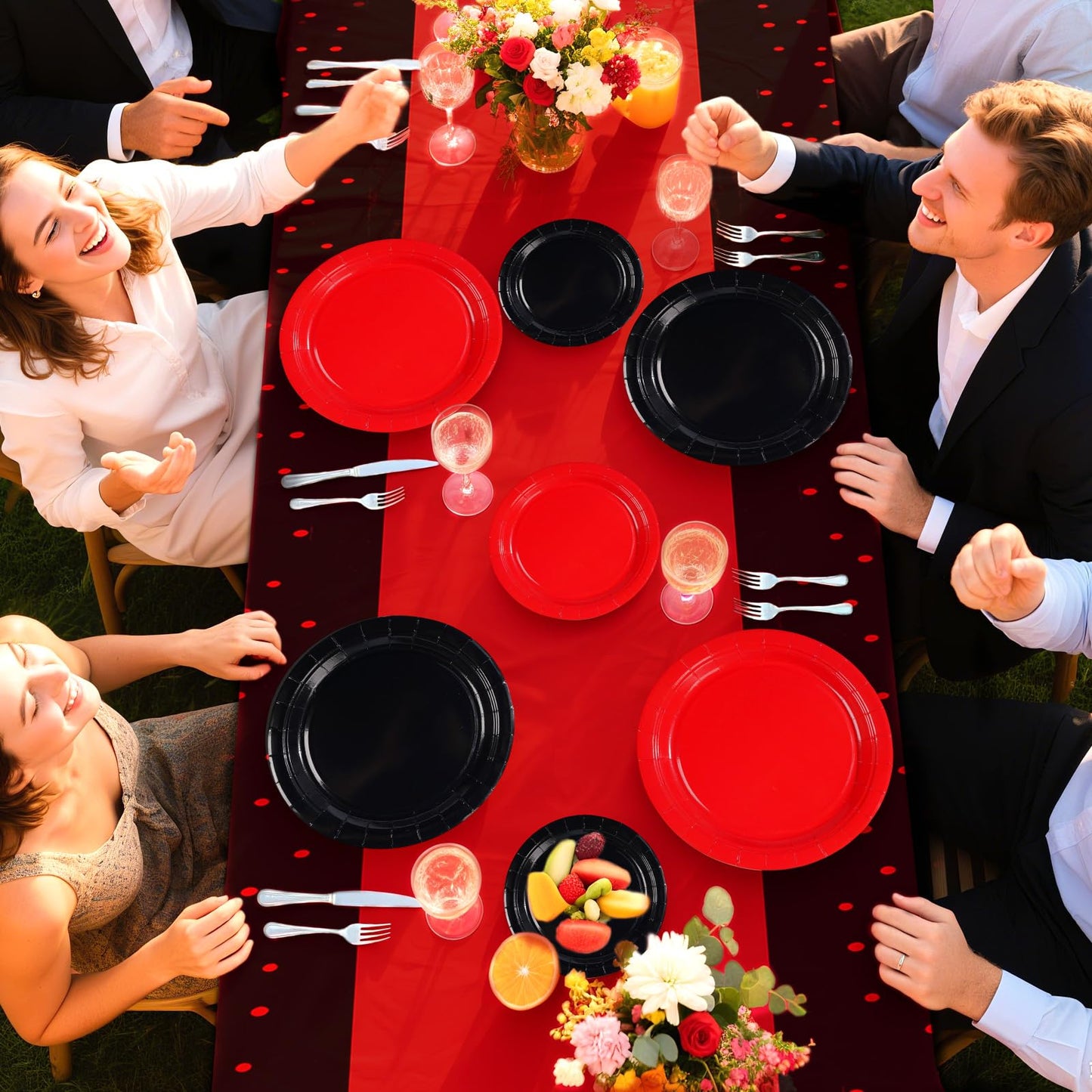 98 Pcs Red and Black Party Supplies Graduation Black and Red Paper Plates Napkins Forks Tablecloths Stranger Tableware Set for Congrats Grad Fiesta Holiday Birthday Wedding Party Decorations Serves 24