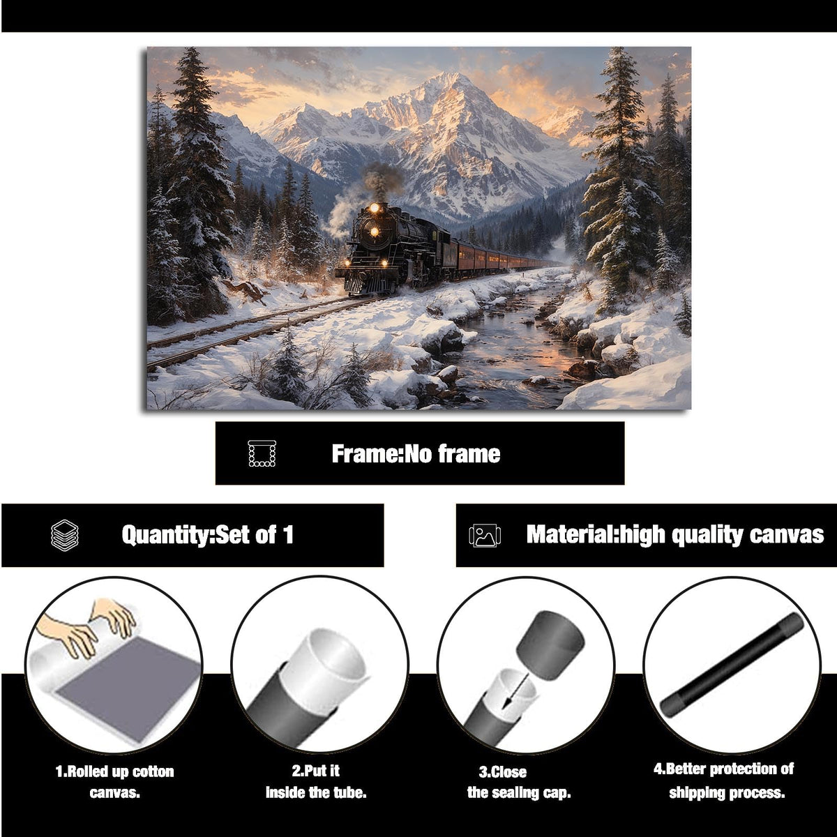 XWNLTEPK Winter Train Scenery Canvas Print Poster Wall Art Wall Decoration Winter Atmosphere Poster Suitable for Living Room Bedroom Farmhouse Home Decor Christmas Snow Mountain Pine Tree