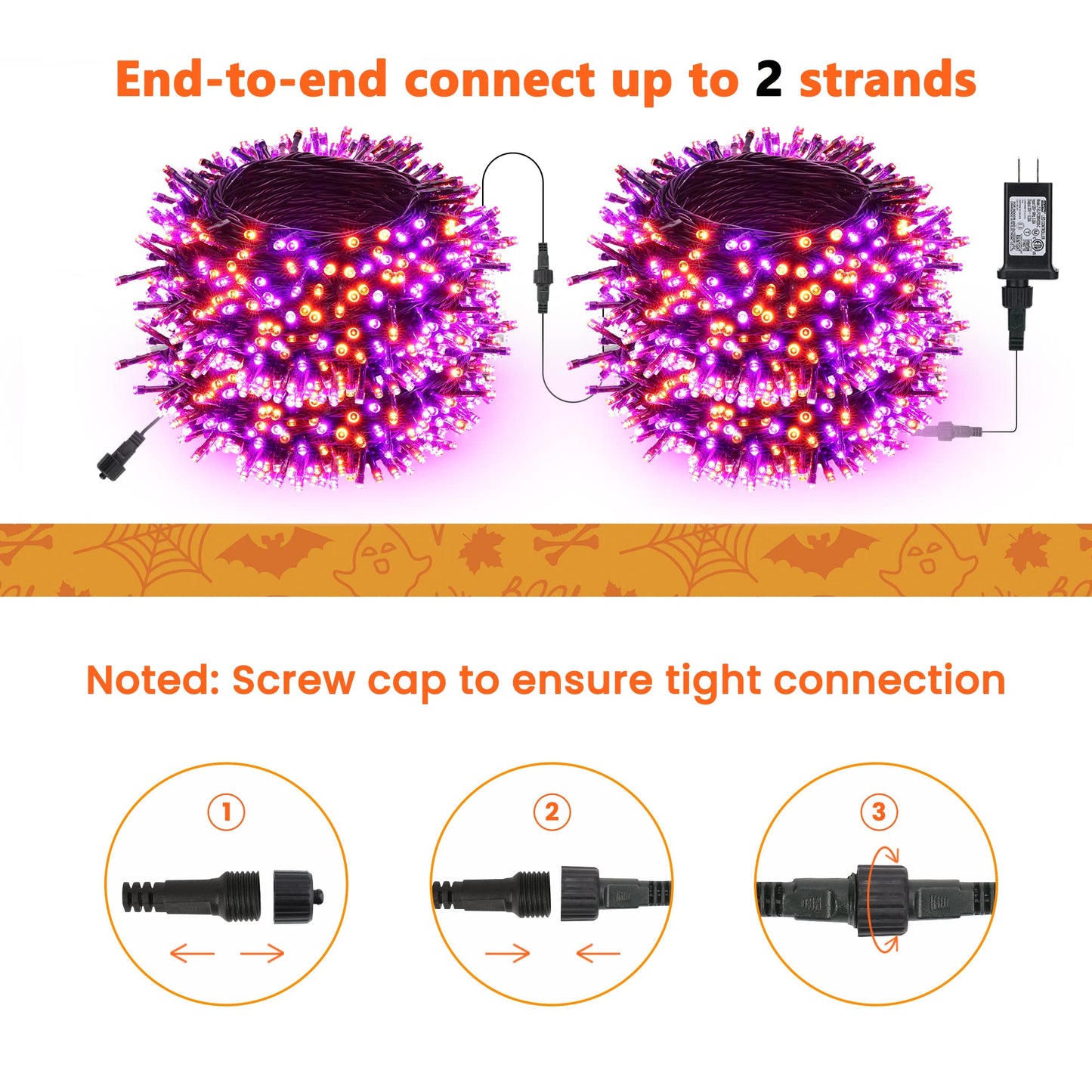 Toodour Halloween Orange & Purple Lights, 131ft 350 LED Plug in String Lights with 8 Modes and Timer, Connectable, Waterproof Halloween Outdoor Lights for Home, Party, Garden,Holiday Decorations