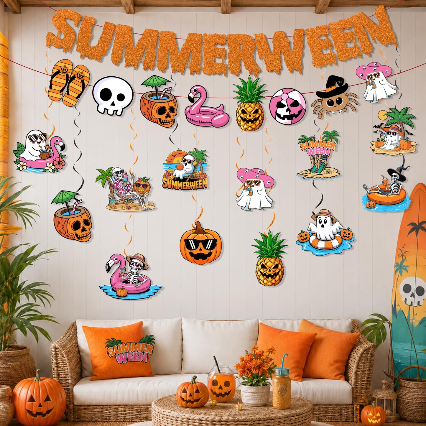 Summerween Decorations, Summer ween Party Supplies with Summerween Banner Garland and Hanging Swirls, Pumpkin Ghost Skull Summer Halloween Decorations for Bearch Pool Decorations
