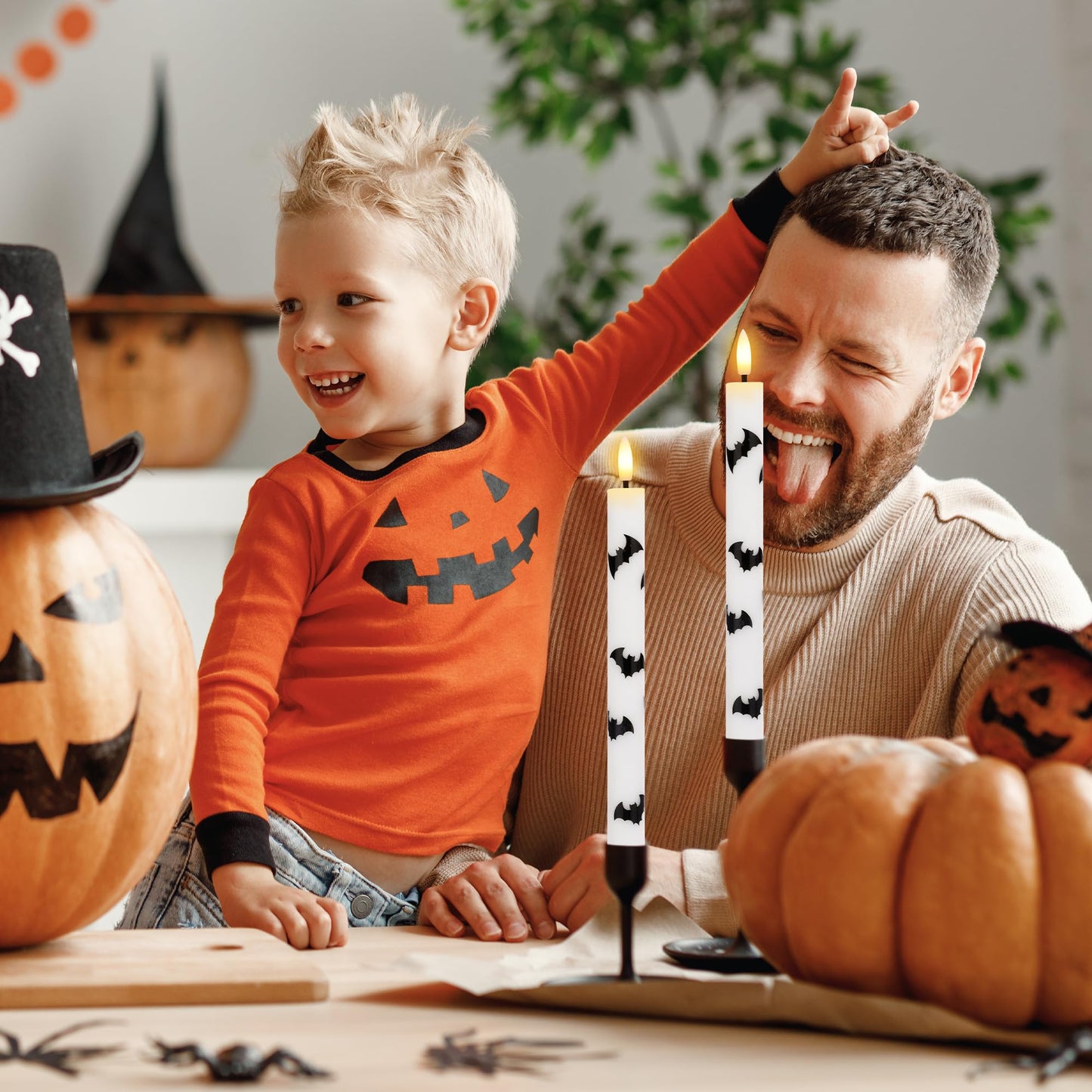 SEHNSY Halloween Flameless Taper Candles with Remote and Timer, 4 Pack Bat LED Flickering 3D Flame Real Wax Candles, Battery Operated Halloween Table Decor for Spooky Indoor Displays