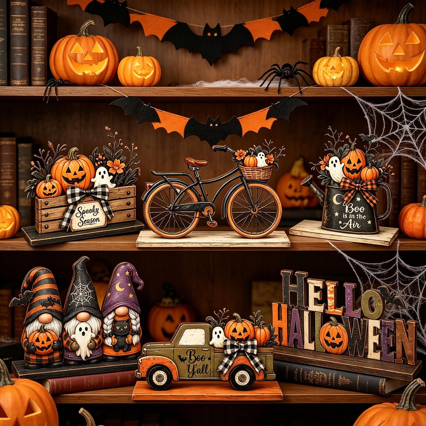 6 Pieces Halloween Decor Hello Halloween Table Topper Signs Spooky Pumpkin Ghost Gnome Truck Tiered Tray Centerpiece Farmhouse Halloween Wooden Tabletop Decorations for Indoor Home Kitchen Party