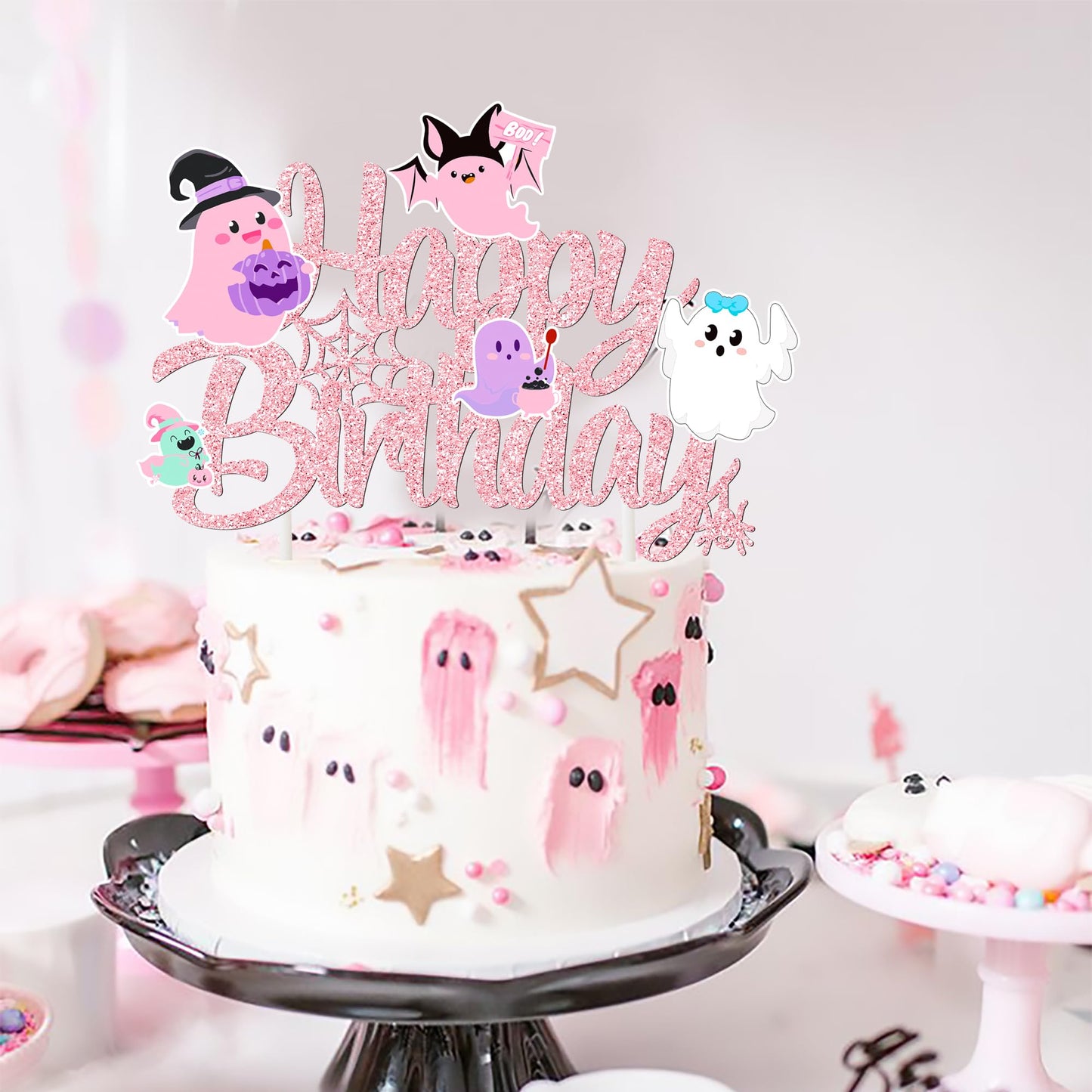 Ghost Birthday Cake Topper Pink Glitter Halloween Birthday Party Decorations Lovely Ghost Cake Picks Ghosts Theme Cake Decorations for Happy Boo Day Party Supplies