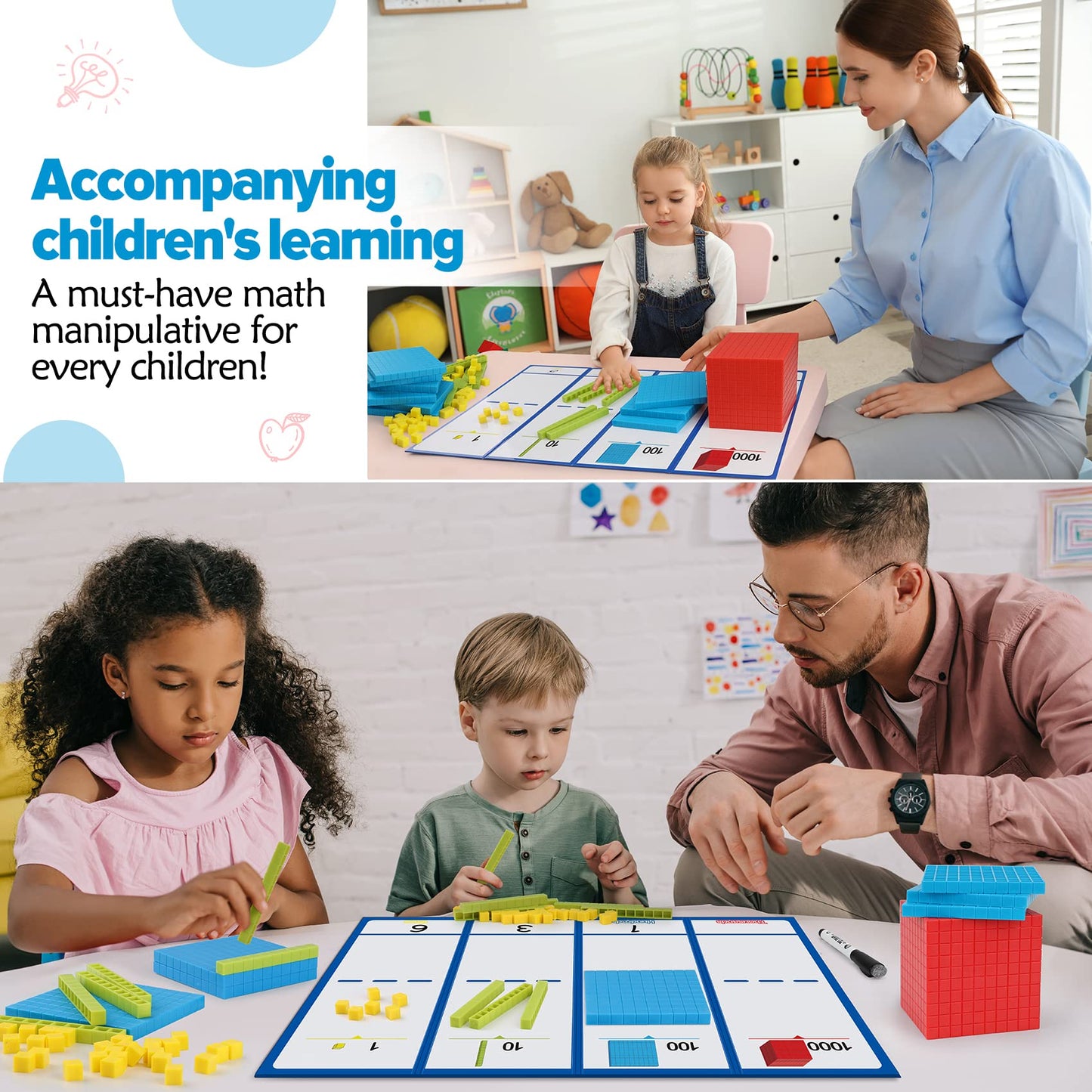 Torlam 131 PCS Base Ten Blocks - Place Value Blocks, Plastic Base 10 Math Manipulatives for 1st Grade, Addition and Subtraction Games Math Counters and Cubes for Kids