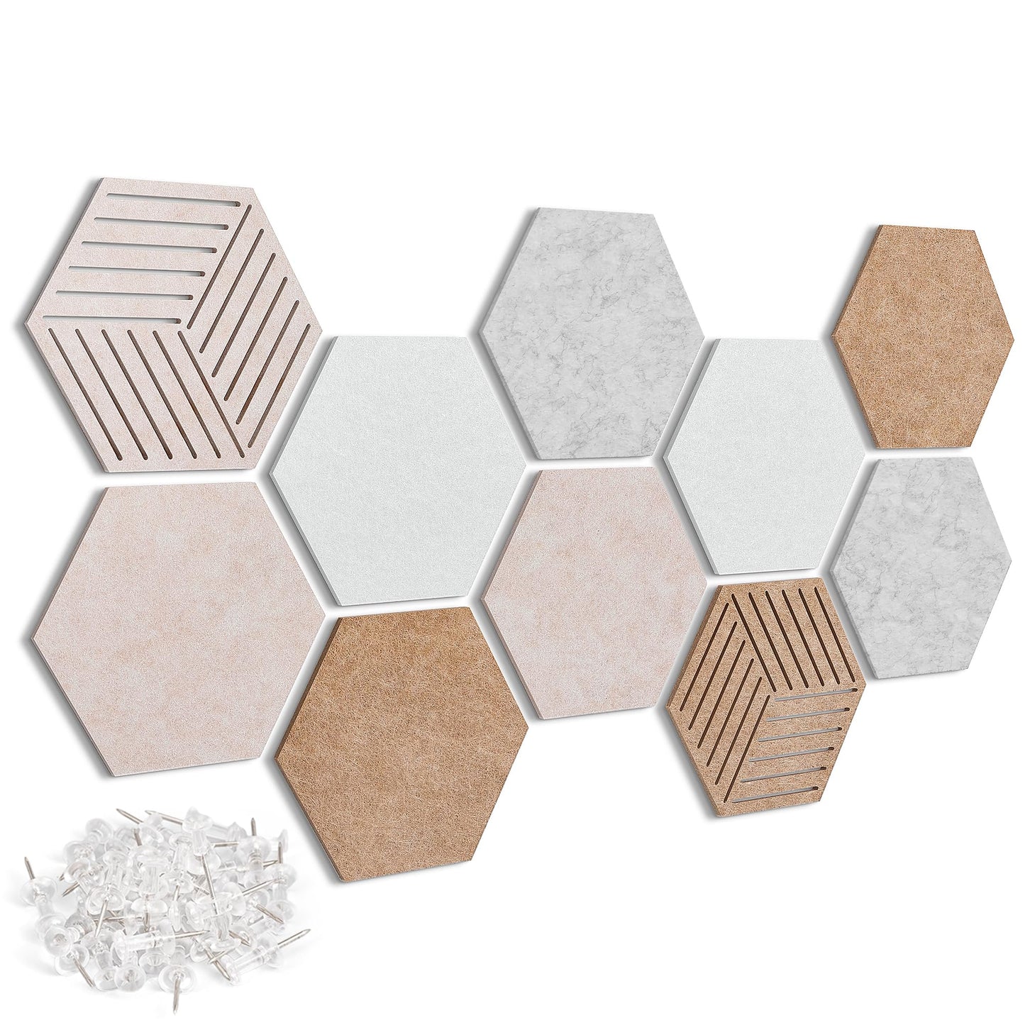 10 Pack Hexagon Cork Board Tiles Alternative, 12'' Fully Self-Adhesive Modern Felt Bulletin for Wall Decor, Frameless Pin Board for Office, Renter-Friendly Decorative Hexagon Corkboard with 30 Pins