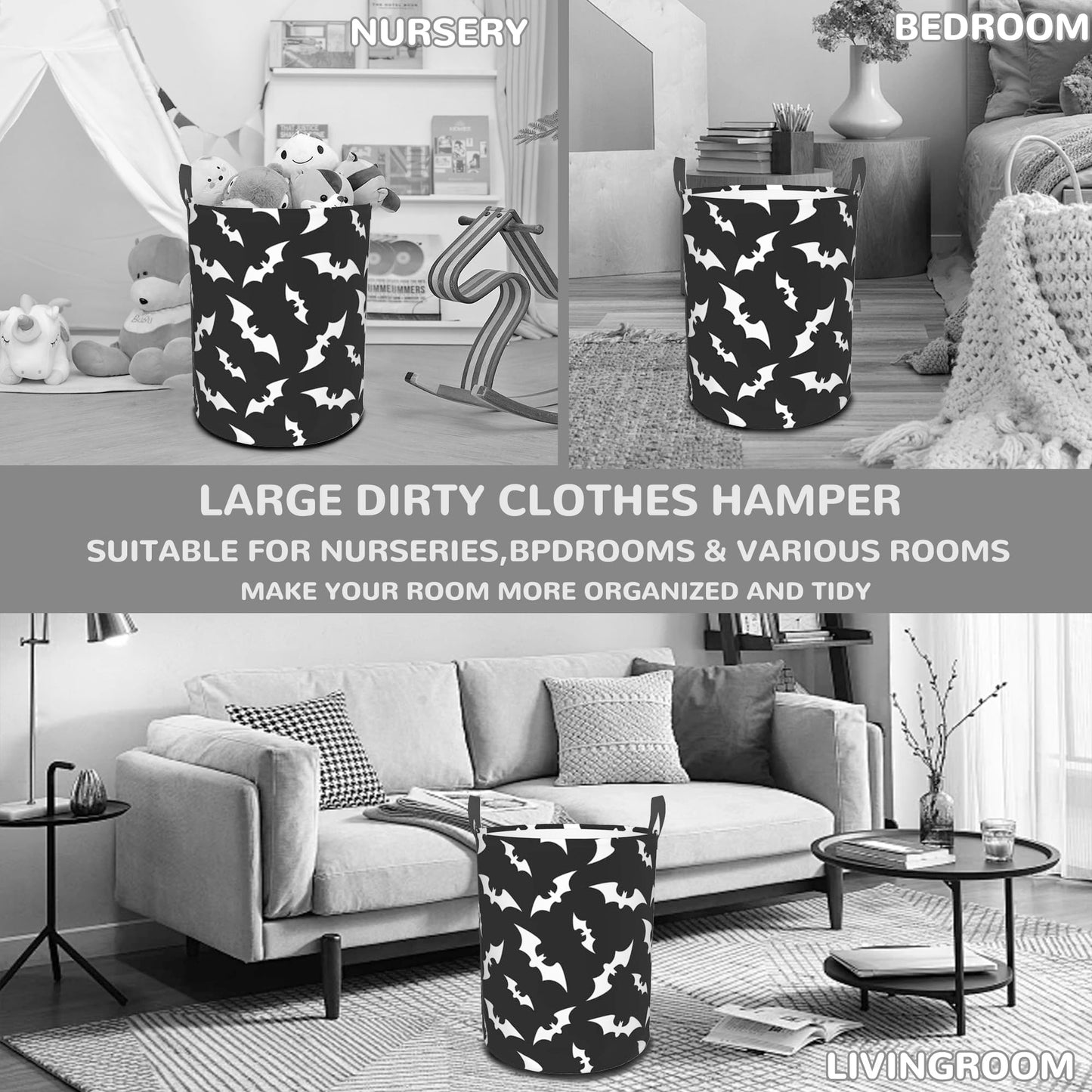 Halloween Bats Collapsible Laundry Basket,Black Bat Bedroom Waterproof Laundry Hamper,Bathroom Large Storage Bag,College Dormitory Living Room Nursery Organizer Toy Bin 16" x 20"