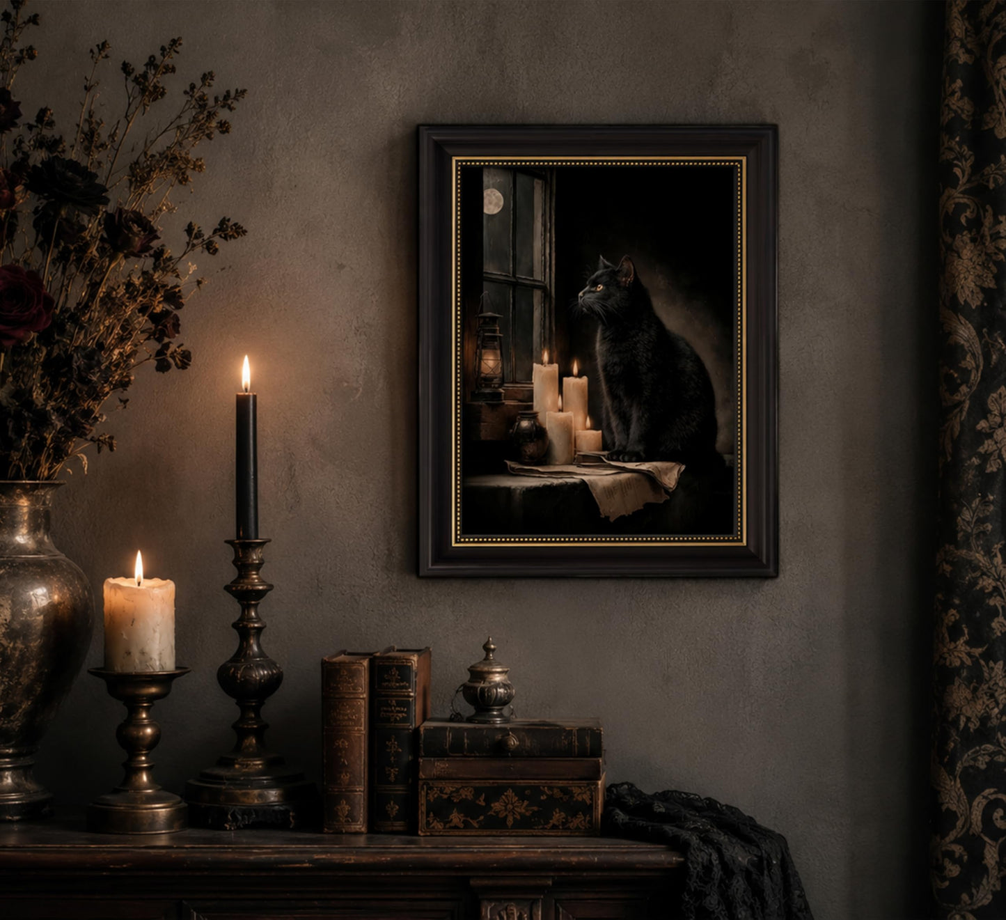 TravelReady Dark Brown Framed Canvas Wall Art Black Cat and Candle Damage-Free Hook and Loop Gothic Elegance Dark Academia Picture Decor for Bedroom Living Room, 9x11 in