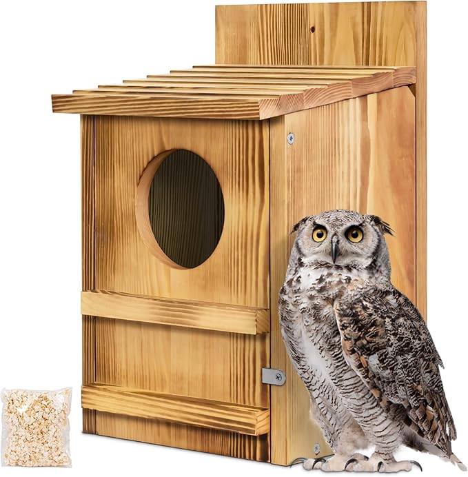 Screech Owl House, Owl Bird Box Large Handmade Wooden Circular Opening Screech Box for Outside with Mounting Screws and A Bag of Wood Shavings, Easy Assembly Required (Brown, 9" x 14.5")