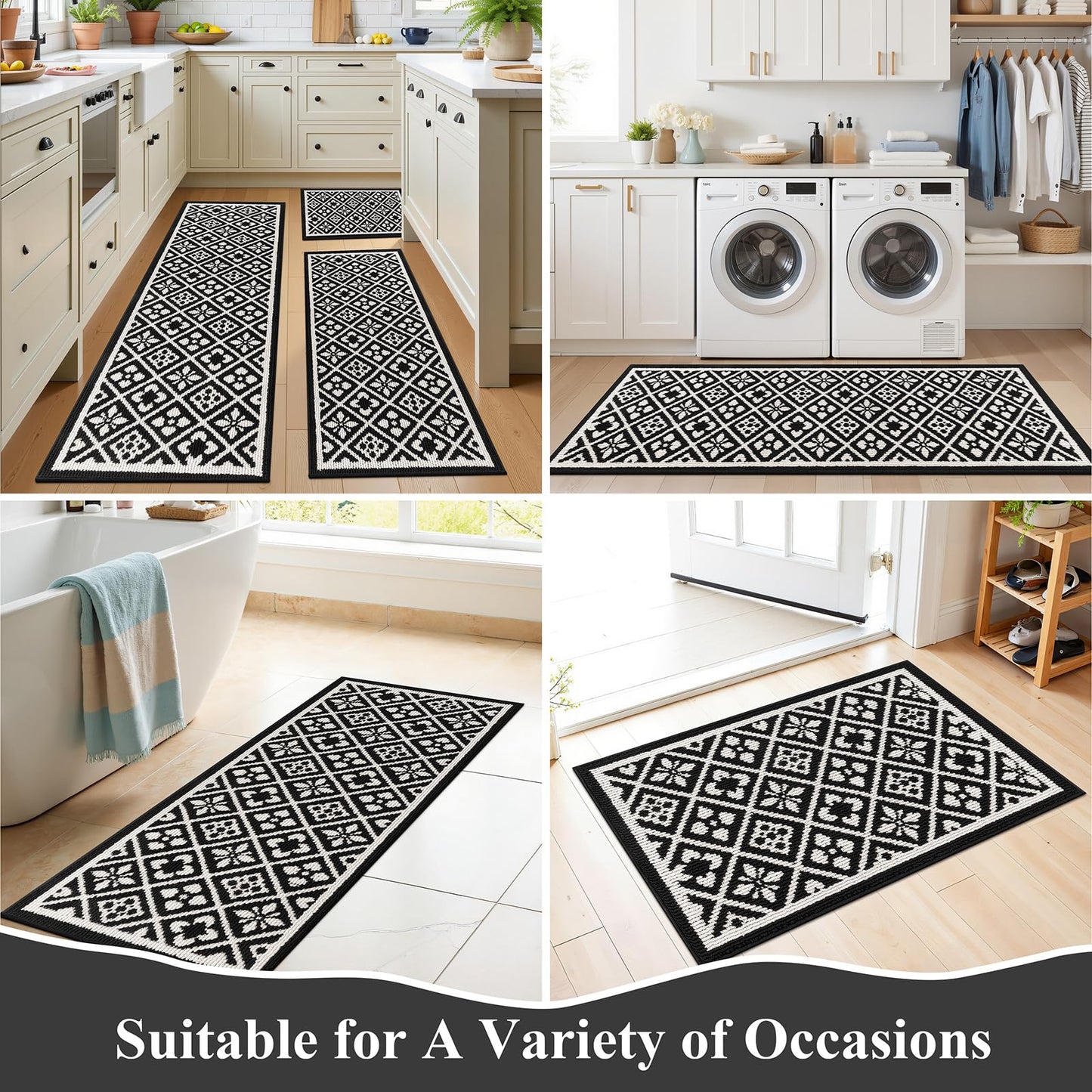 Ileading Kitchen Mat Sets 3 Piece Minimalist 3D Lattice Kitchen Floor Rugs with Non Slip Rubber Backing Machine Washable Farmhouse Runner Rugs for Laundry Hallway Doormat(G Black&White)