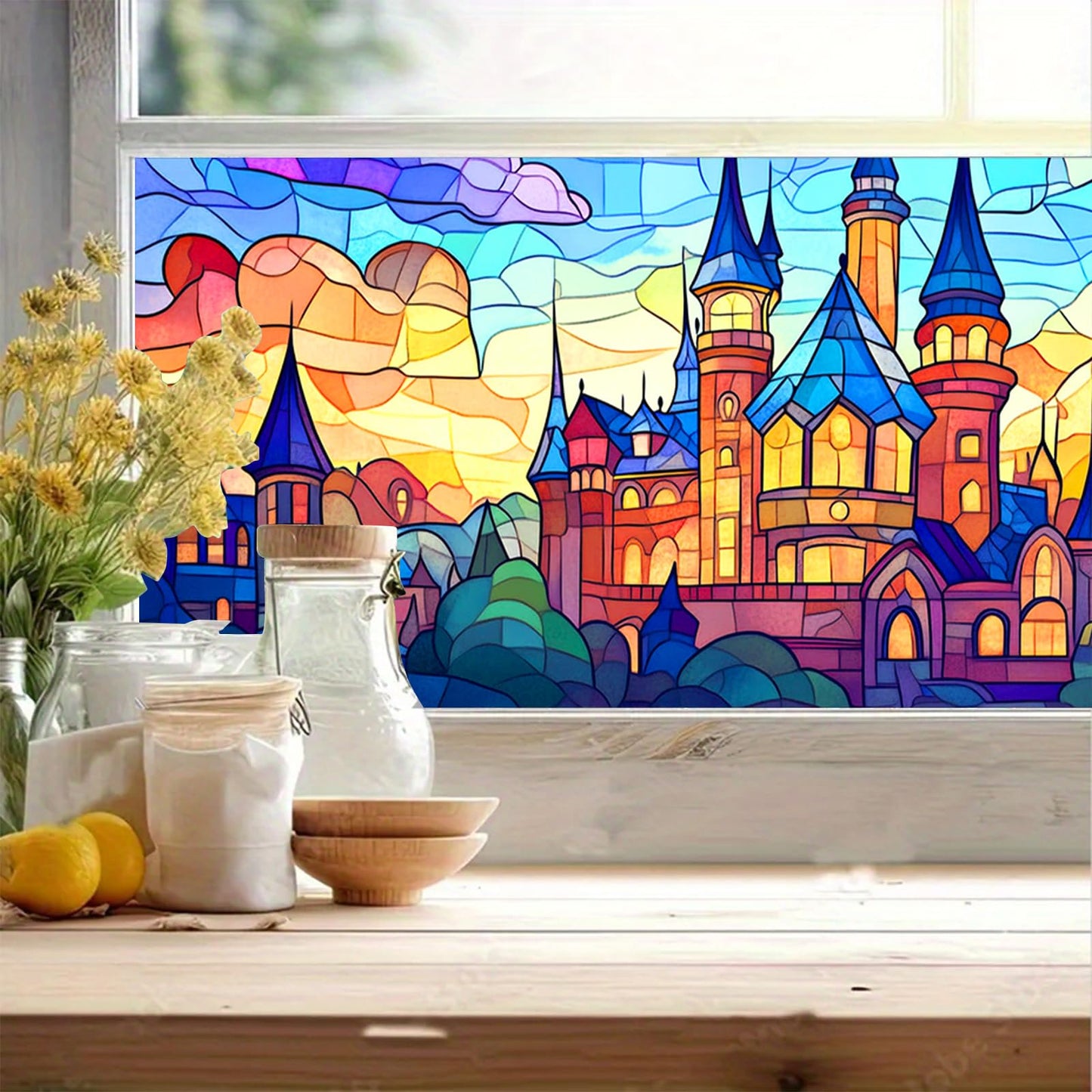 HOMETITUTE Stained Glass Castle Pattern Rainbow Window Film 39.3x17.7 inches Non-Adhesive Removable Reusable for Glass Door Home and Office Bedrooms PVC Static Cling Sticker