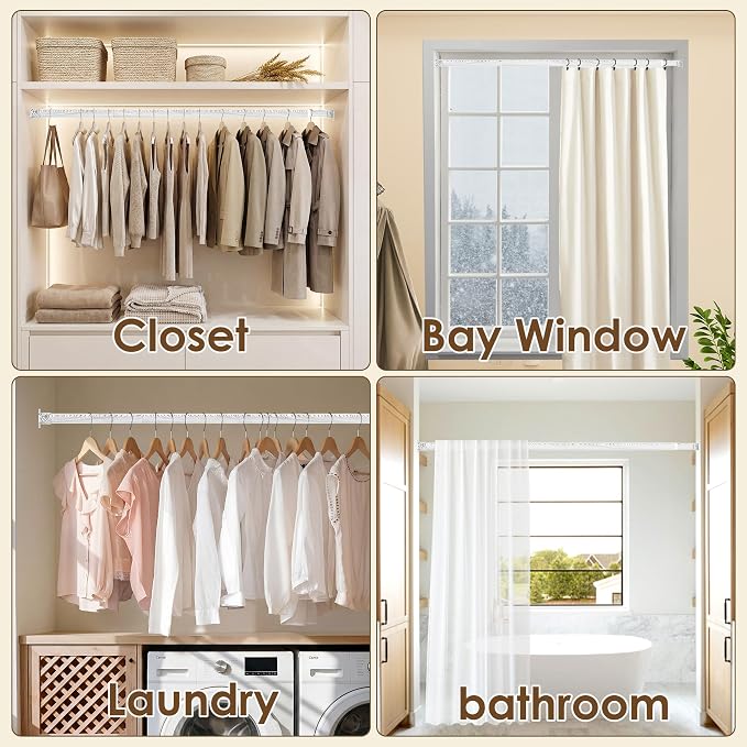 Closet Rod 17-87 Inches,1.3 Inch Diameter Heavy-Duty Adjustable Closet Rods for Hanging Clothes Closet Hanging Rod Metal Closet Poles for Wardrobes Laundry RV Bathroom(White Wood Grain Finish)