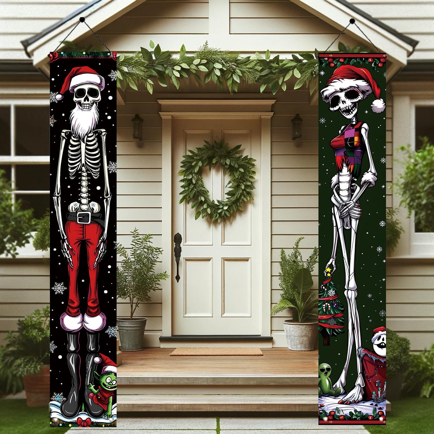 Saoplasa 2PCS Christmas Skeleton Porch Banner Decorations 71 x 12 Inch Holiday Skeleton Couple Front Door Hanging Sign Santa Hat Red Green Outfit Outdoor Wall Decor for Winter Party Yard Entrance