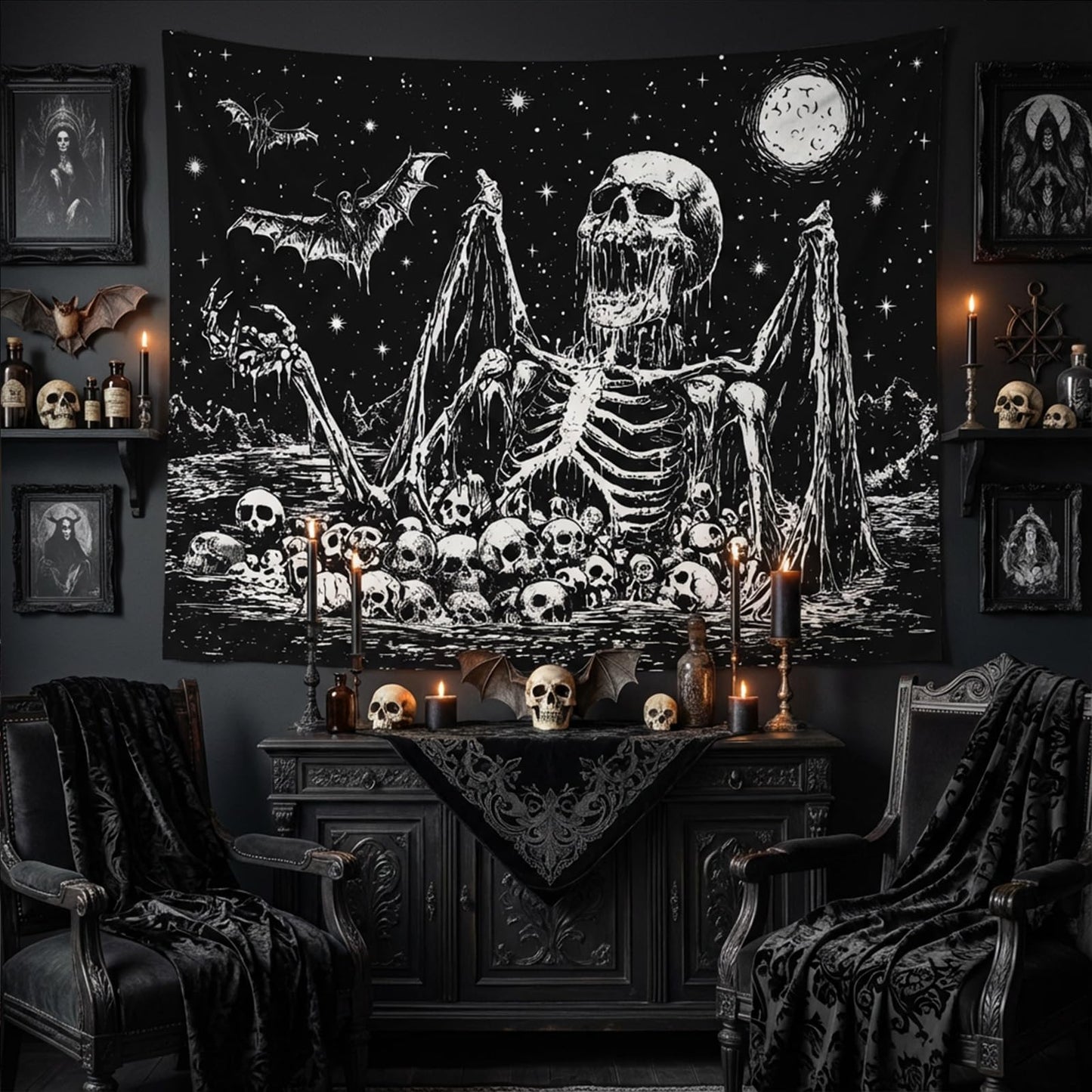 Gruaoihy Gothic Skeleton Tapestry, Horror Moon Skull Dark Death Bat Wall Art for Bedroom Grunge Room Decor, Black and White 44x60 inches