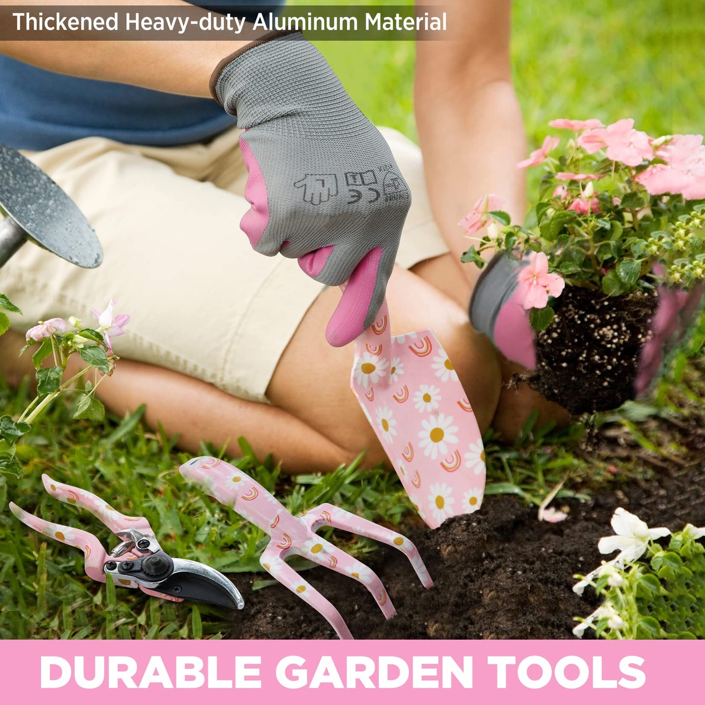 WORKPRO 5PCS Gardening Tools, Aluminum Heavy Duty Garden Tool Set with Bag, Ideal Gardening Gifts for Women-Pink Ribbon