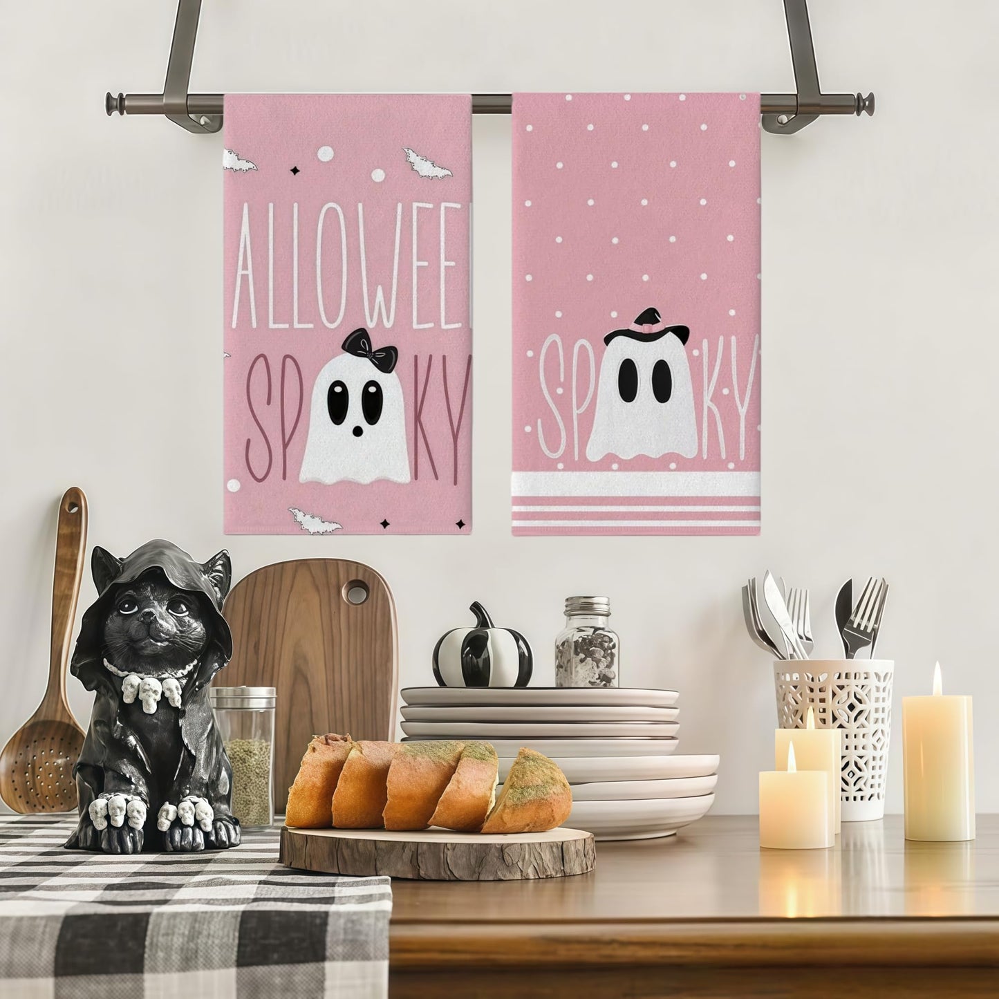 Cxtoweley Pink Ghost Decor Kitchen Towels Set of 2-18x26 Inch Halloween Dish Towels, Cute Spooky Polyester Towels for Bathroom & Farmhouse Decor