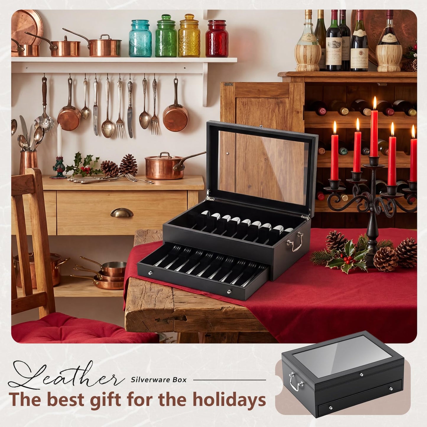 DoubleFill 2 Layer Leather Silverware Storage Box with Lid and Handles, Anti Tarnish Silverware Storage Chest Case with Felt-lined for 12-16 or More Sets of Utensils Flatware Gifts, 15.3x11.2x5.7 Inch