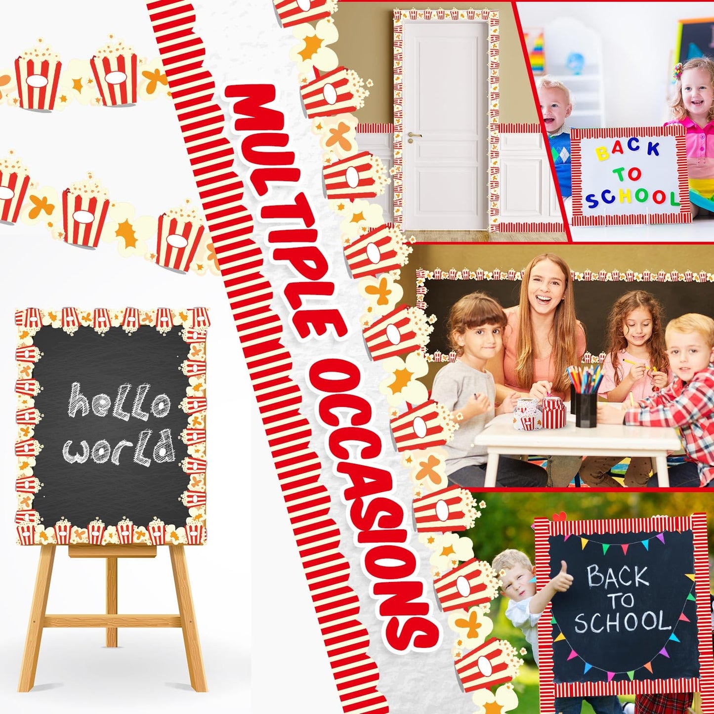 2 Rolls Popcorn Bucket Bulletin Board 32.8 ft Popcorn Strips Bulletin Borders Classroom Decoration Office Scalloped Trim for Back to School Party Classroom Chalkboard Wall Decor