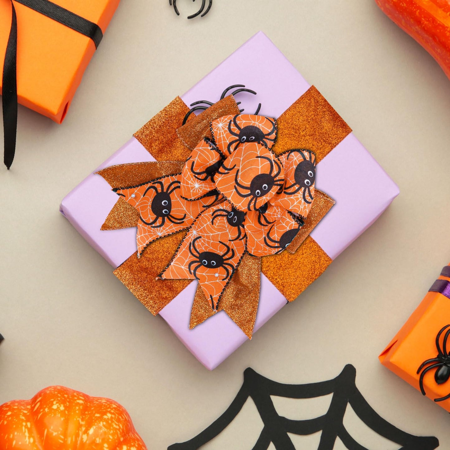 Whaline 6 Rolls Halloween Wired Edge Ribbon 2.5 Inch 30 Yards Glitter Purple Orange Black Ghost Boo Pumpkin Spider Printed Ribbon for Bow Wreath Craft Gift Wrap Party Decor