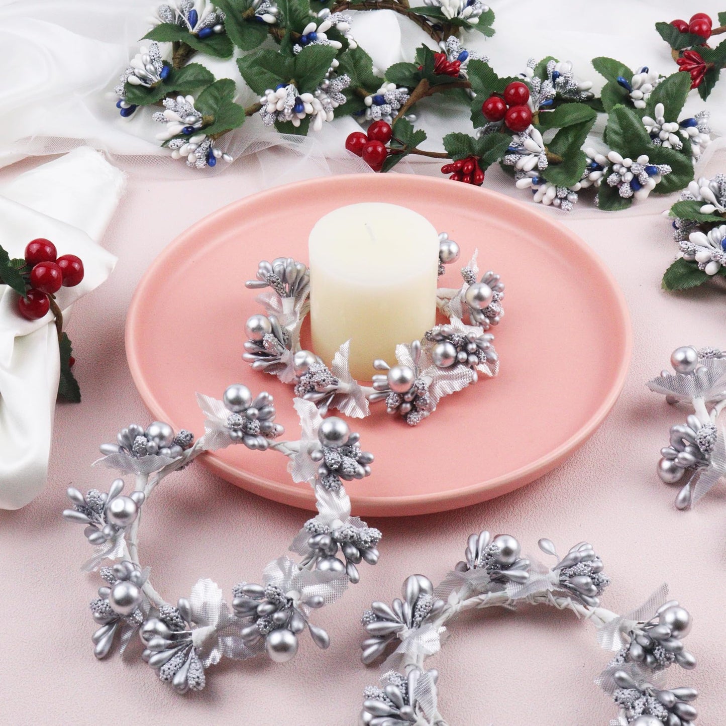 Brihaspory White Christmas Candle Rings Set of 4, Handmade Silver Berry Mini Candle Wreaths for New Year Dinner Party Table Centerpieces