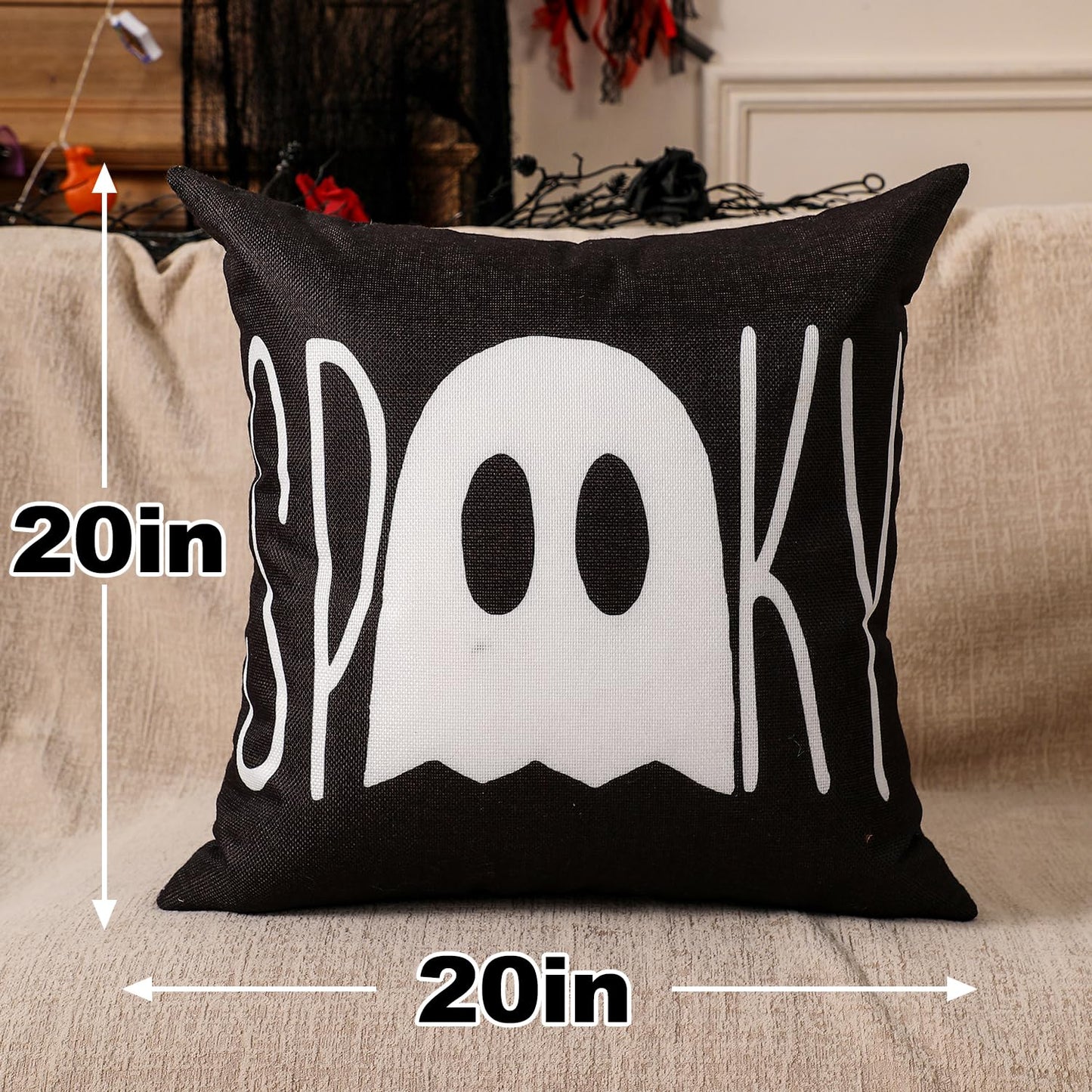 multiwins Halloween Decorations Set of 4 Double-Sided Print Ghost Pillow Covers 18" x 18", with 8 Cute Halloween Decor Patterns, Soft Linen Throw Pillow Covers for Outdoor & Indoor Use