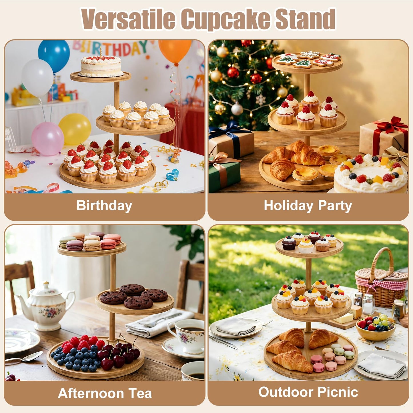 Cupcake Stand, Wood Cake Stand, Cupcake Display Stand, Wedding Cake Stands, Rotatable Bamboo Cupcake Stands for Party, 3 Tier Cupcake Stand, Cup Cake Tower Stand for Birthday Party Decoration
