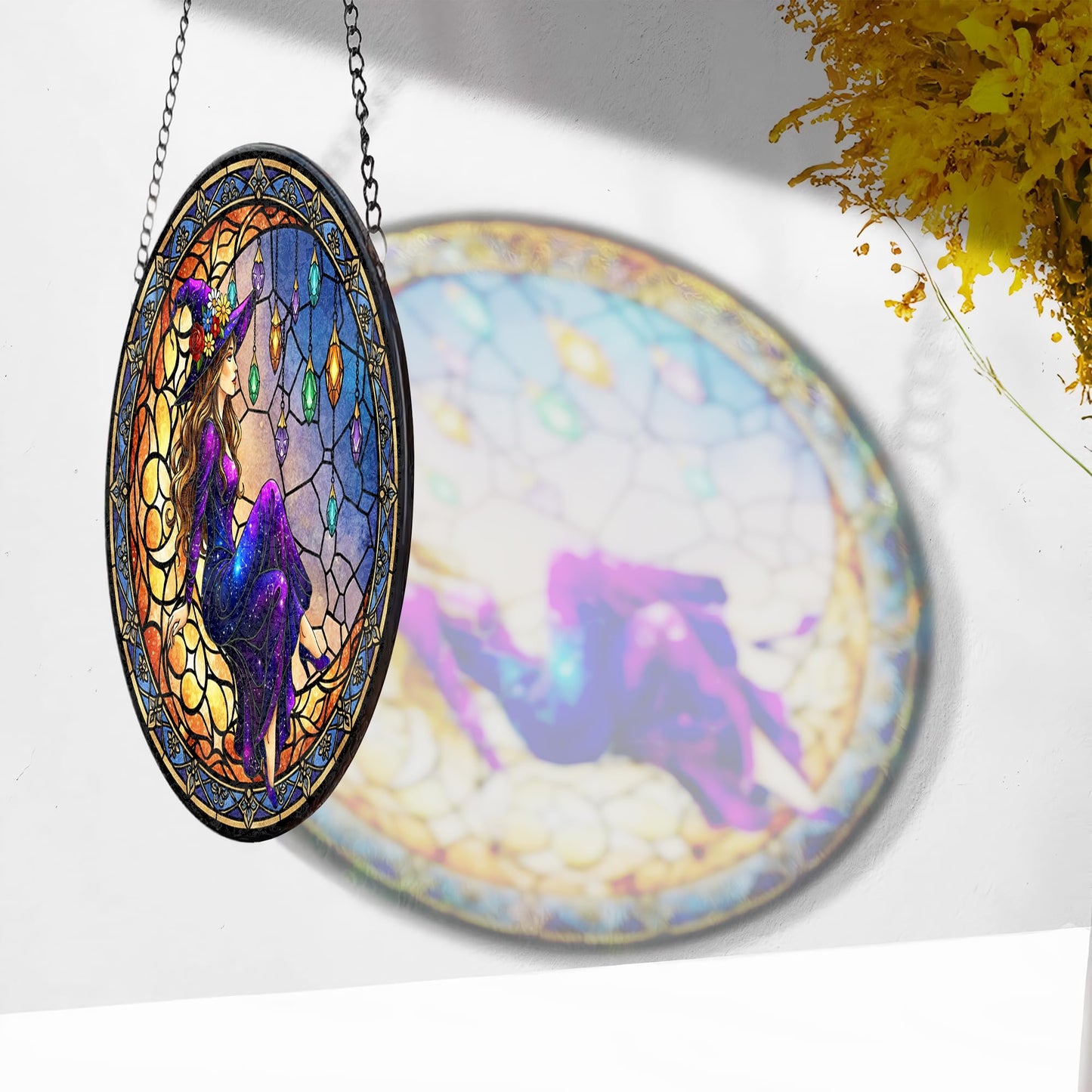 FIVITY 7.8" Moonlight Witch Suncatcher Stained Glass Window Hanging Mystical Witchy Sun Catchers Halloween Ornaments Wall Art Door Garden Room Home Decor Birthday for Teens Women
