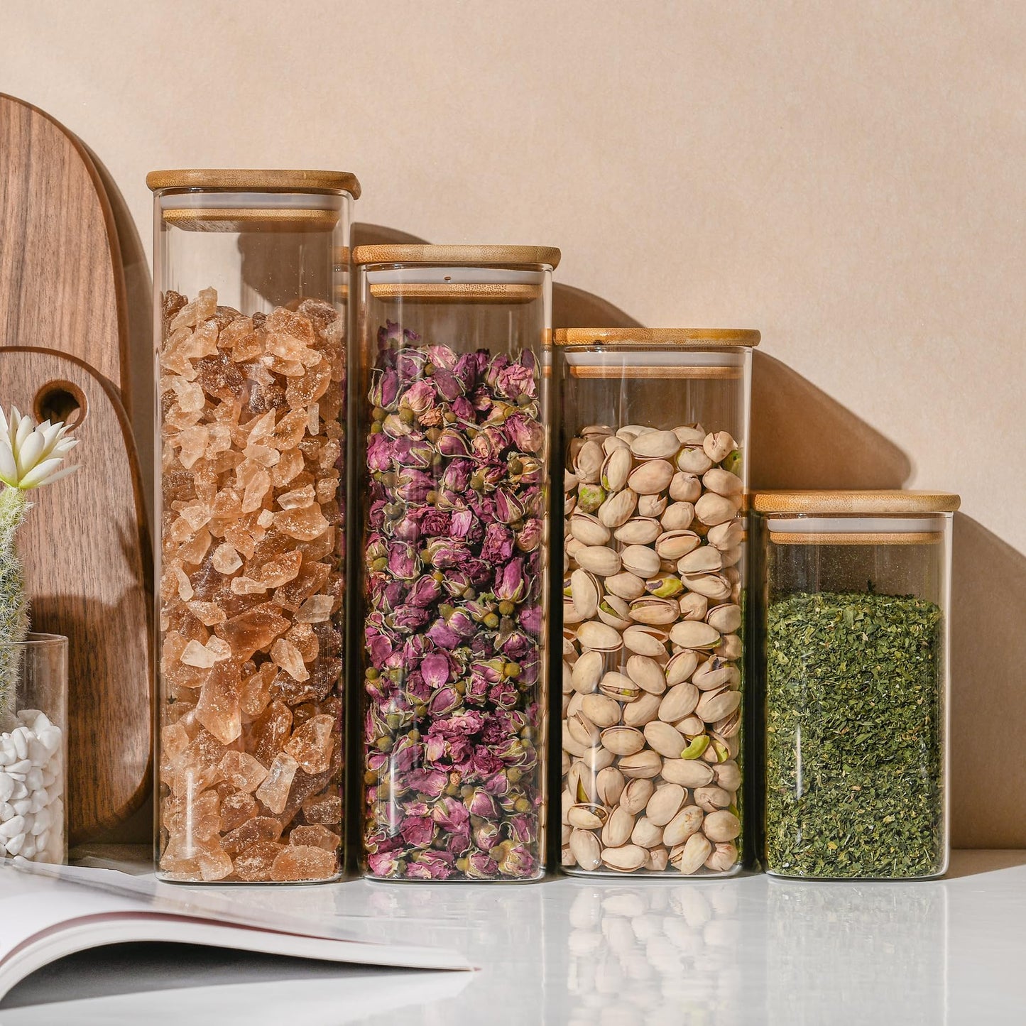 D2scrma 37oz Rectangle Airtight Glass Storage Containers with Bamboo Lids (Set of 6), Square Food Storage Jar, Pantry Organizers for Cereal, Nuts, Snacks and Coffee beans (with Black Lable)