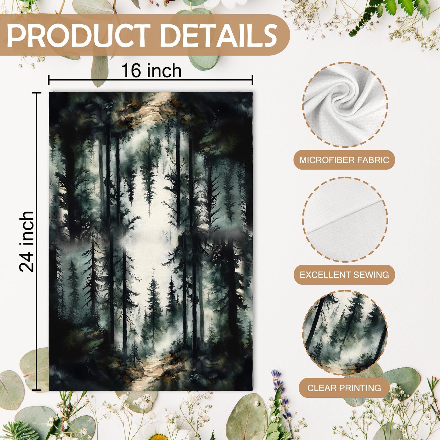 XNXLDYLH Dark Green Forest Camping Kitchen Towels and Dishcloths Sets of 2, Black Forest Mountain Bathroom Room Decor, Rustic Cabin Decor Dish Hand Tea Towels for Bathroom Kitchen, 16x24 Inch