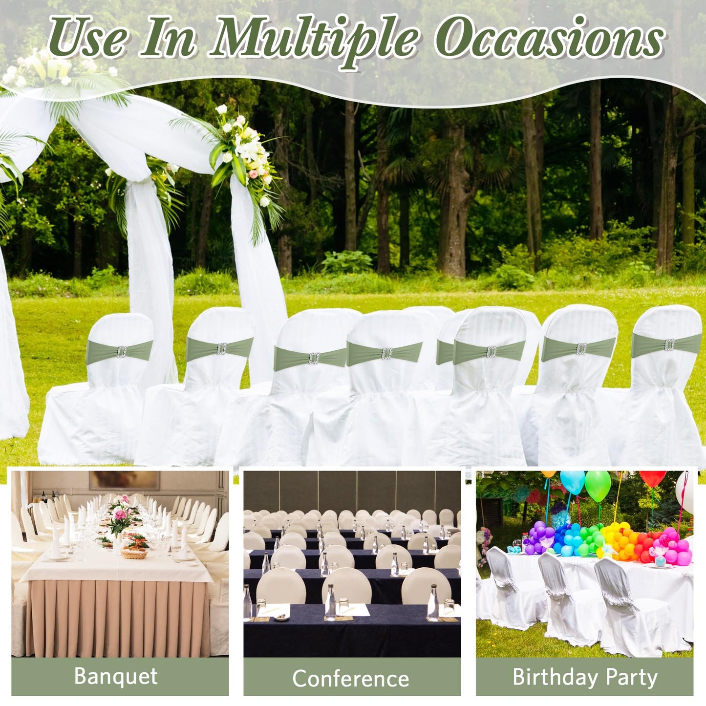 CHENGU 50 Pcs Spandex Chair Sashes with Square Buckle Slider Stretch Dining Chair Slipcovers Band Universal Elastic Ties Bows for Wedding Banquet Event Party Decoration(Sage Green)
