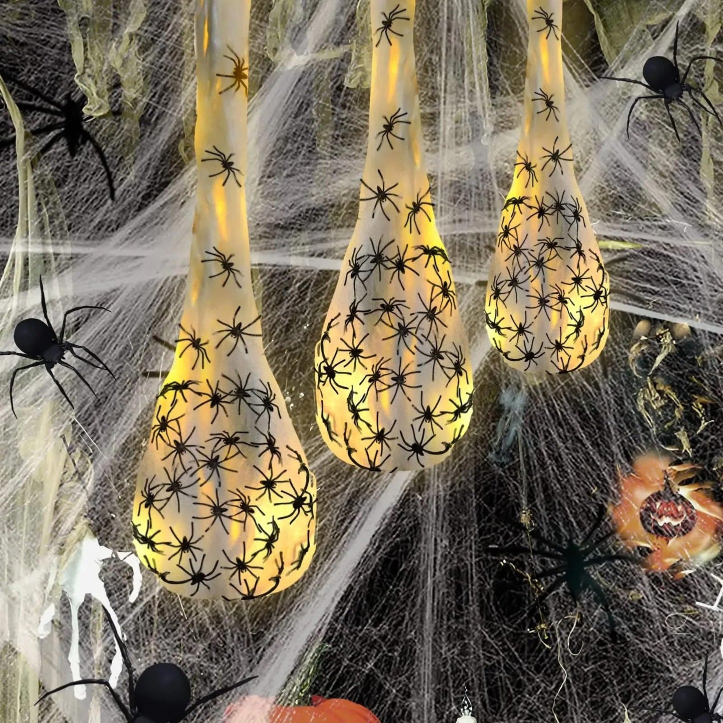 Vurlexat 3 Pack Halloween Spider Egg Sacs, 39 Inch Hanging Light Up Spider Egg Decoration, Halloween Spiders Webs Decor for Halloweens Props Party Gifts, Yard Garden Tree House Décor(Warm Light)