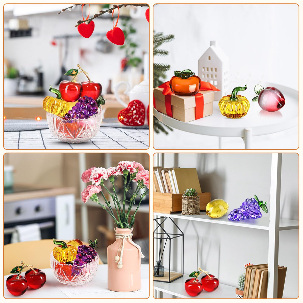 Reallnaive 6 Pcs Crystal Glass Fruit Decor Cherry Grape Persimmon Lemon Pumpkin Peach Figurine Collectibles Hand Blown Glass Fruit Decoration for Home Decor Gift for Wedding Birthday Wedding