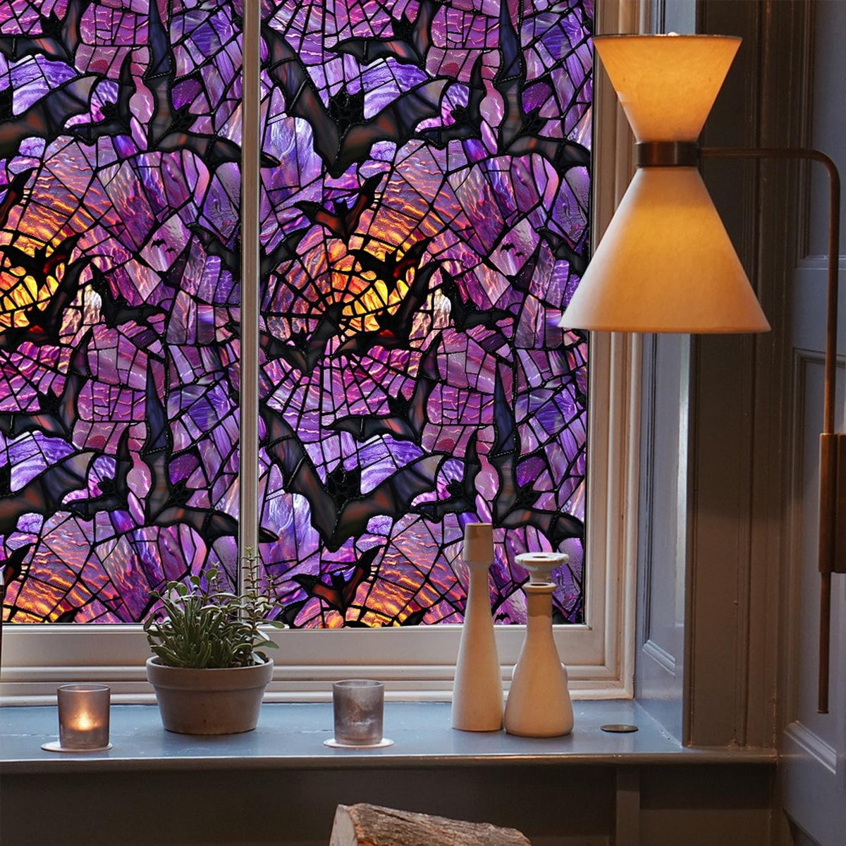 Halloween Window Stickers Privacy Film Static Window Sticker Decal Halloween Bat Window Decals Film Purple Stained Glass Clings Windows Art for Home School Office Glass Decoration