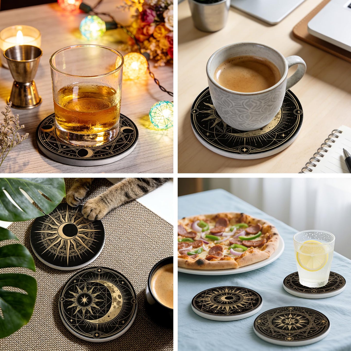 Fun Ceramic Coasters for Drinks, Round Absorbent Drink Coasters Set of 8 with Holder, Moon Phase Coaster with Cork Backing for Table Desk Protection, Mat for Mugs and Cups, Office Home Decor