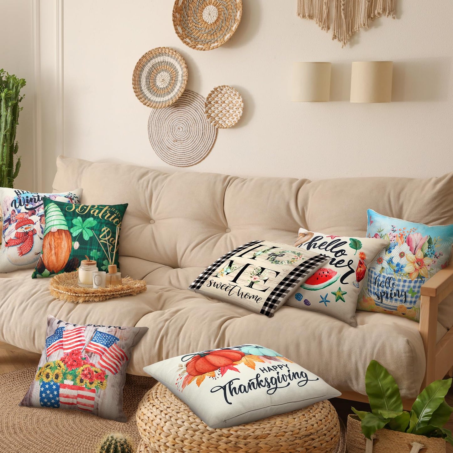 Newwiee 12 Sets Holiday Pillow Covers 18 x 18 Inch Easter Spring Seasonal Throw Pillow Covers Square Canvas Pillowcase for Spring Summer Home Office Farmhouse Bench Couch Holiday Sofa Decor(Classic)