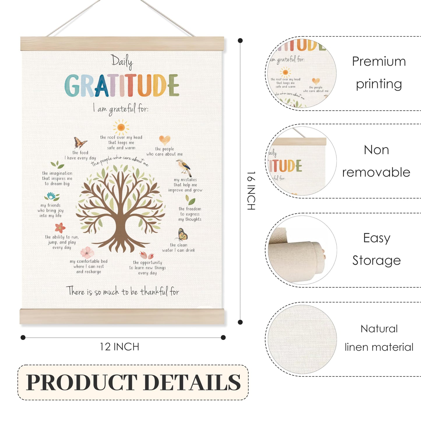 Koesus Daily Gratitude Mental Health Wall Art Poster Hanger Frame 12x16 Inch, Growth Mindset Positive Canvas Pictures Prints Framed Wall Decor for Classroom Therapy School Counselor Office