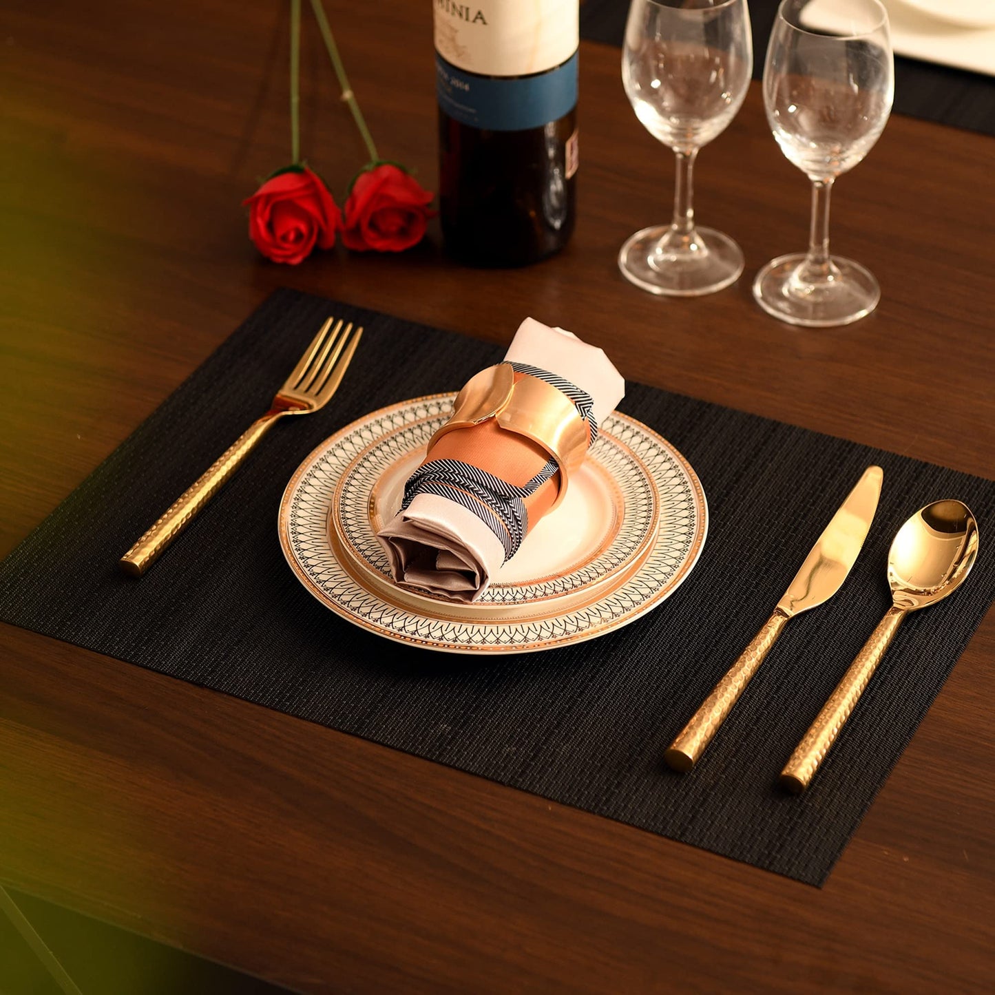 SLKQG Black Placemats Set of 6 - Easy Clean Washable Vinyl Placemats - Wipeable Heat Proof Table Mats for Dining Table - 17x12 Inch (Pure Black, 6)