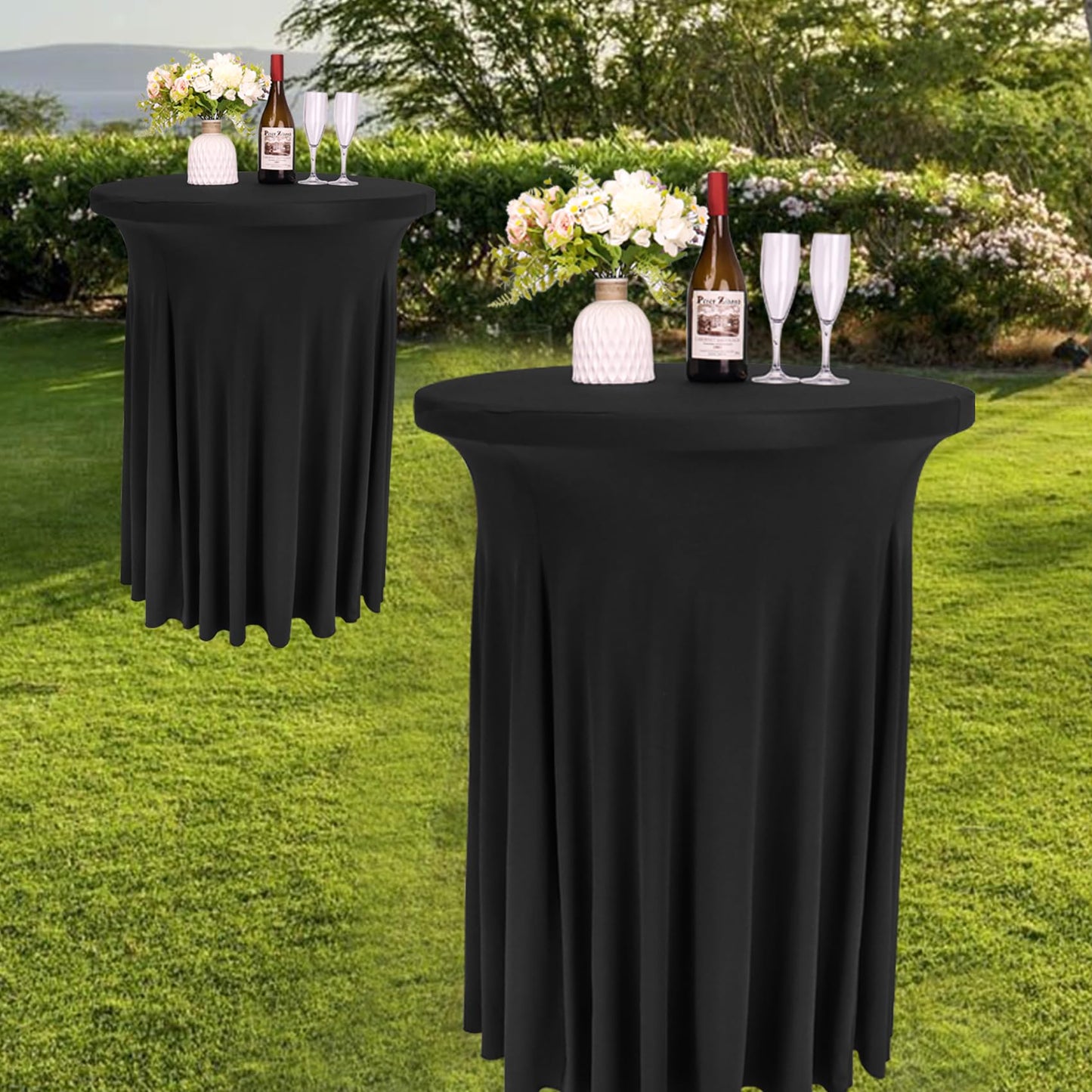 Spandex Cocktail Table Skirt 32"x 43" Black Stretch Cocktail Table Cover, Washable Round High Top Tablecloth for Bar, Wedding, Party, Events (Black)