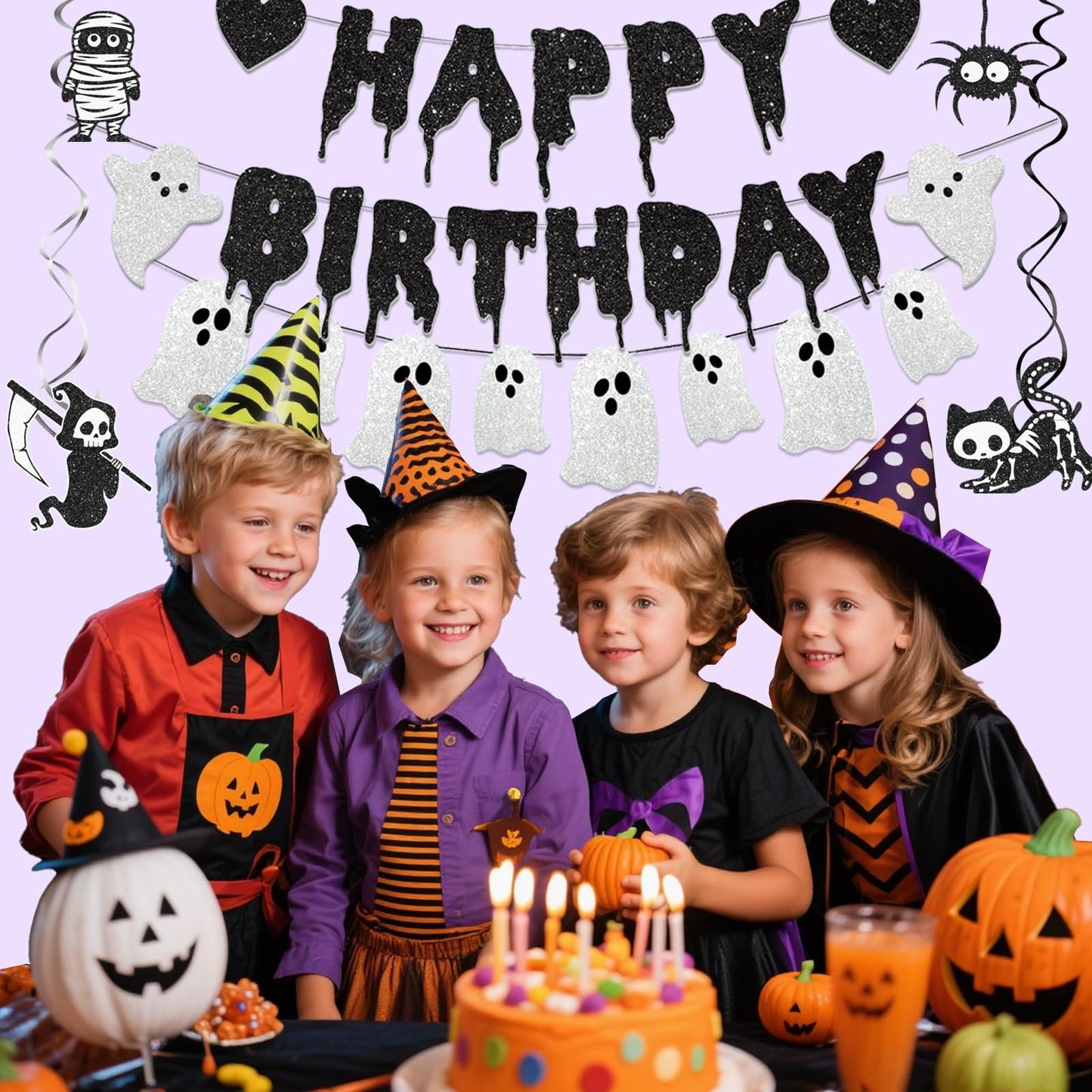 Black Glitter Halloween Birthday Banner White Ghost Garland Halloween Birthdays Party Decorations for Spooky Birthday Decorations Supplies