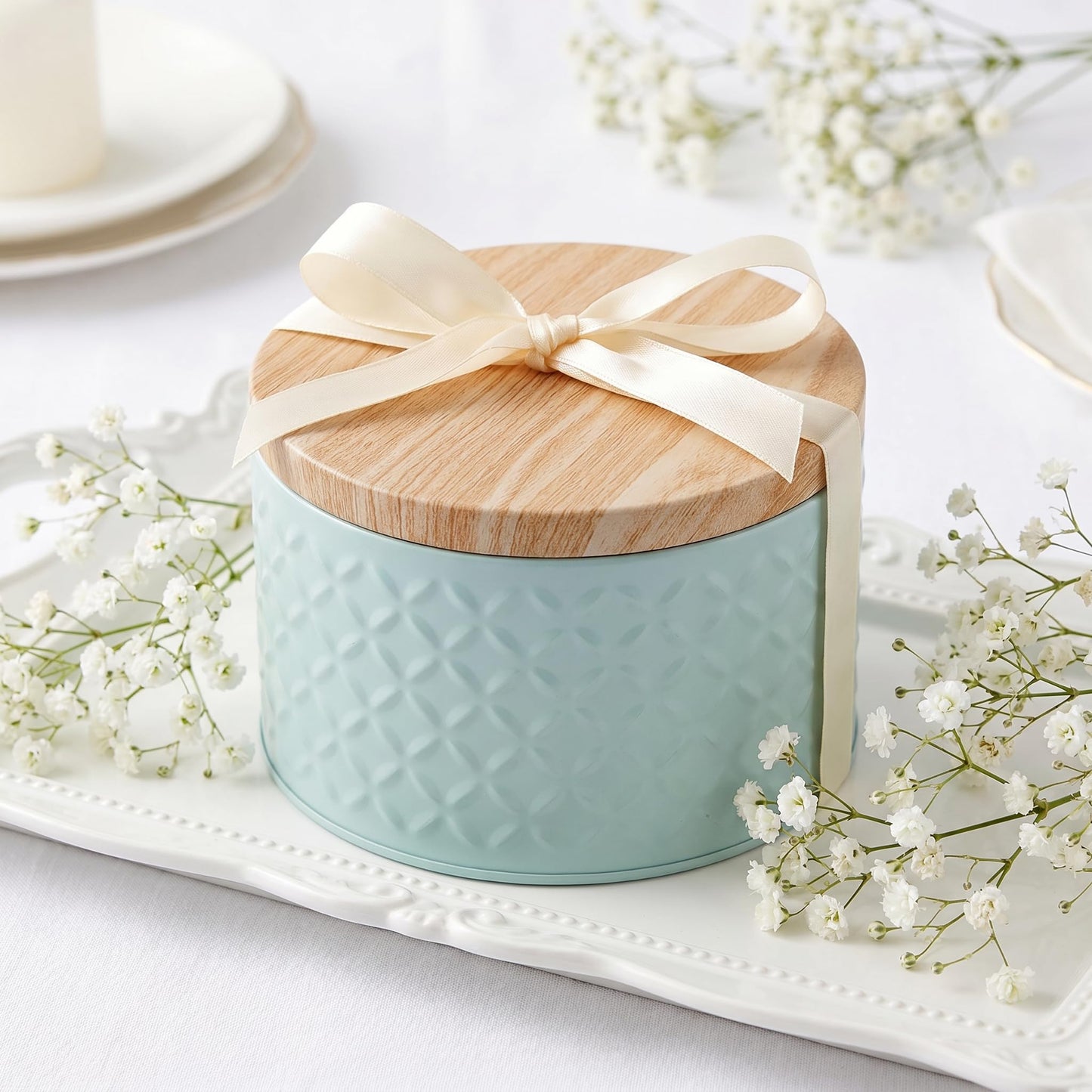 Lurrose Small Round Cookie Tins with Wood Lids Airtight, 6"D x 8"H Metal Cookie Jar, Small Empty Biscuit Tin Tinplate, Foods Storage Container Tin for Candy Cookies, Tea Canister(Blue)