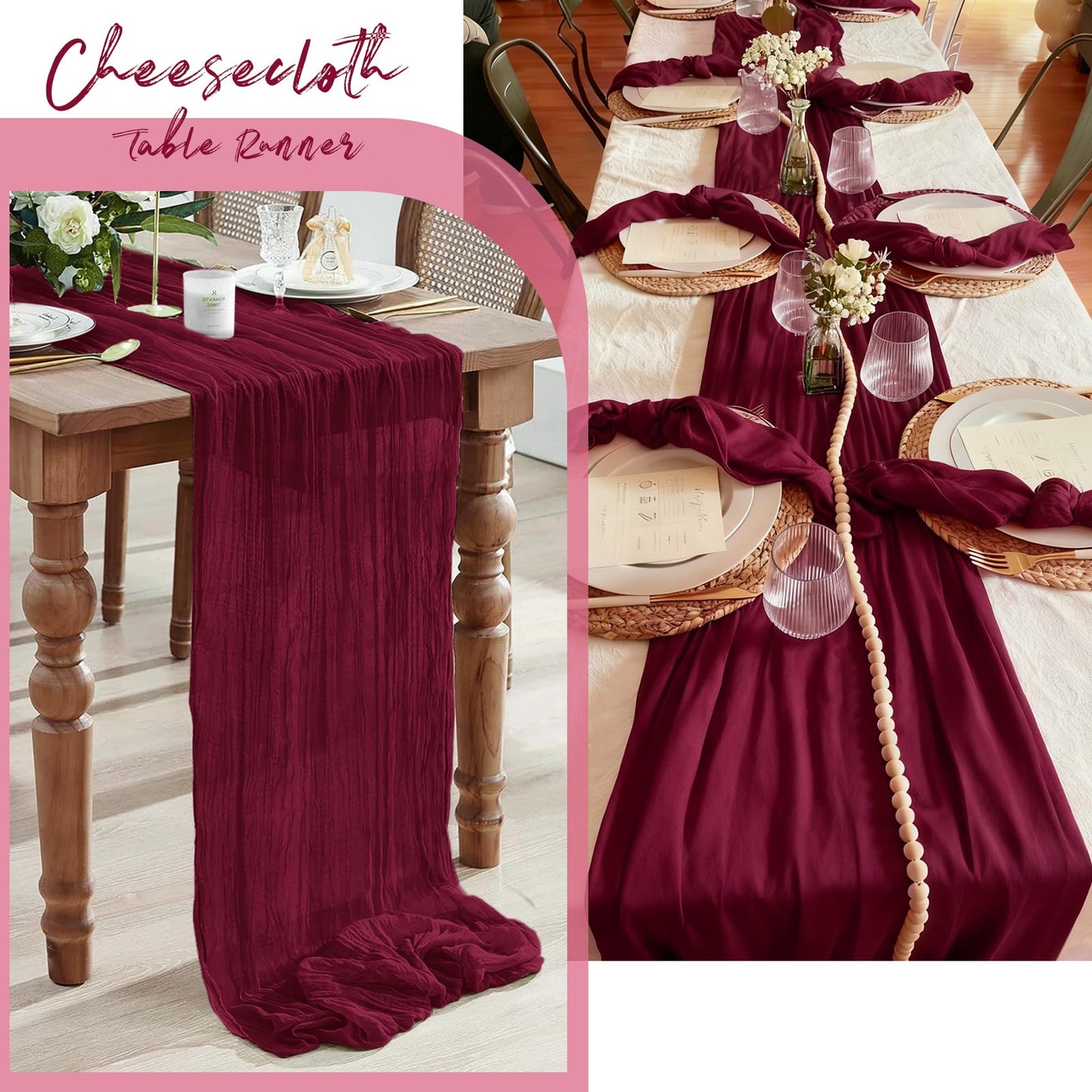 Yorcari 3 Pack Burgundy Cheesecloth Table Runner, 17 x 108 Inch, Gauze Cheese Cloth Table Runner Rustic Sheer Runner for Wedding Birthday Party Baby Shower Table Decor(Burgundy)